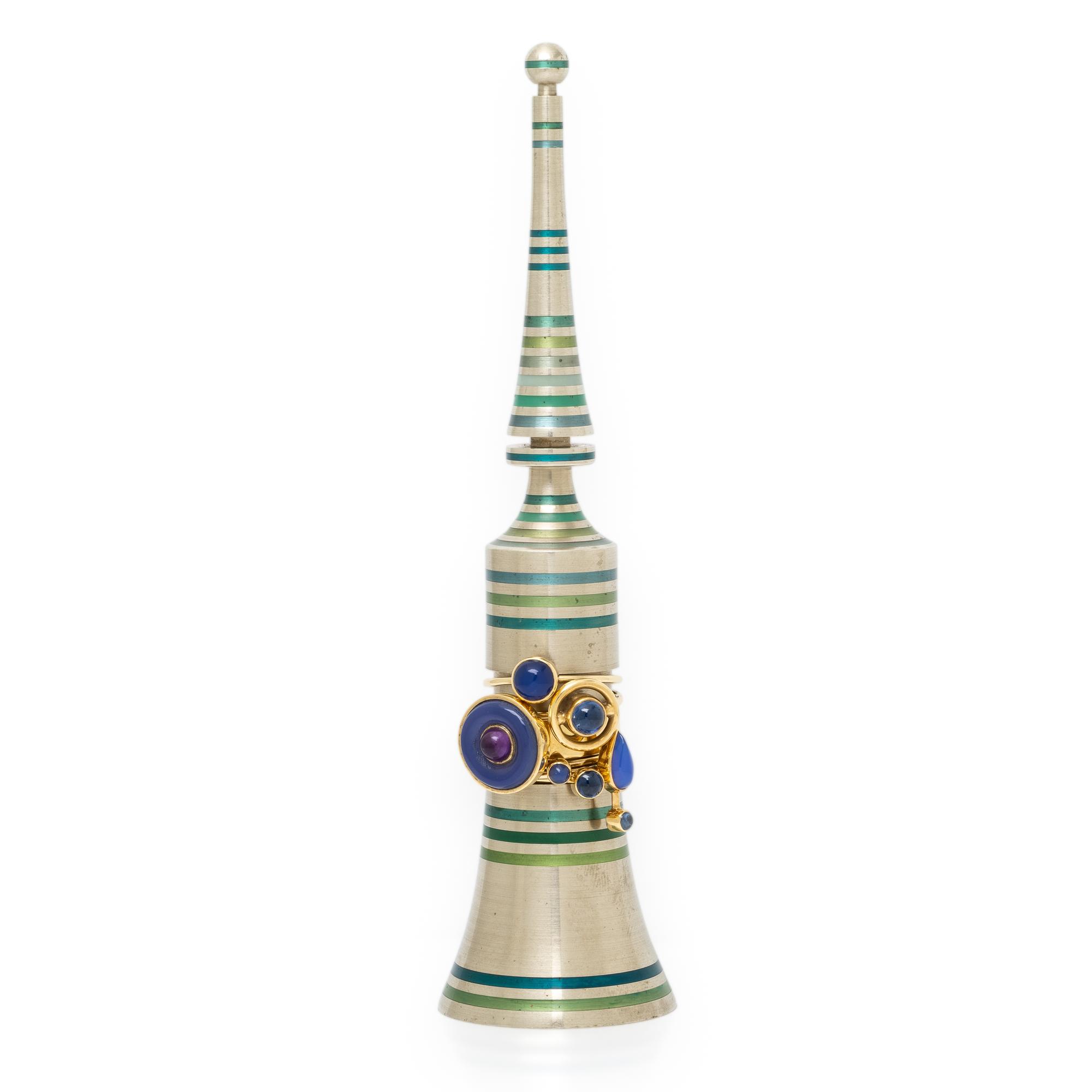 Wendy Ramshaw, Ring Set of Six Yellow Gold and Multigem Stacking Rings on a White Metal and Enamel Ring Stand