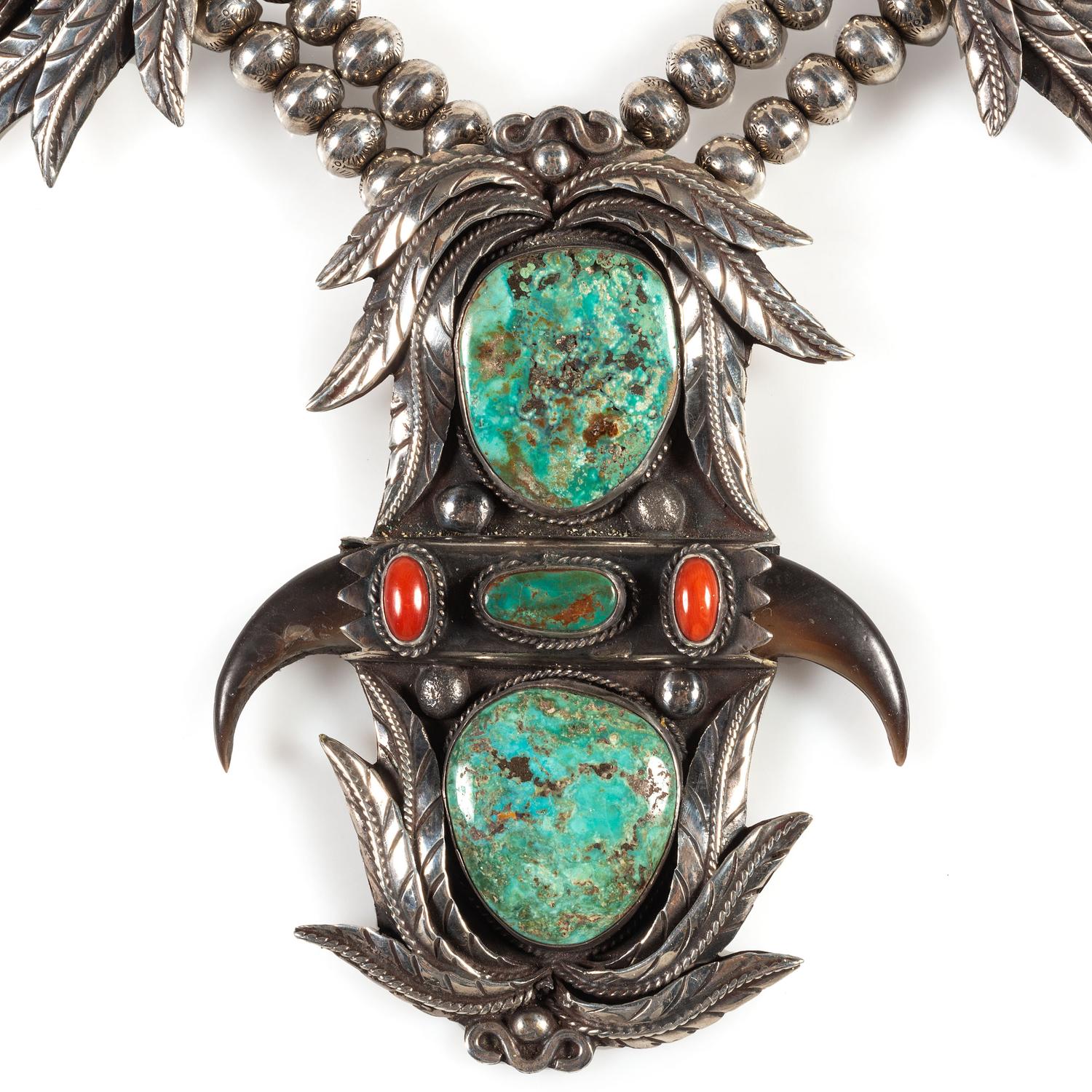 Navajo Silver, Turquoise, Coral, and Claw Necklace