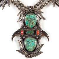 Navajo Silver, Turquoise, Coral, and Claw Necklace