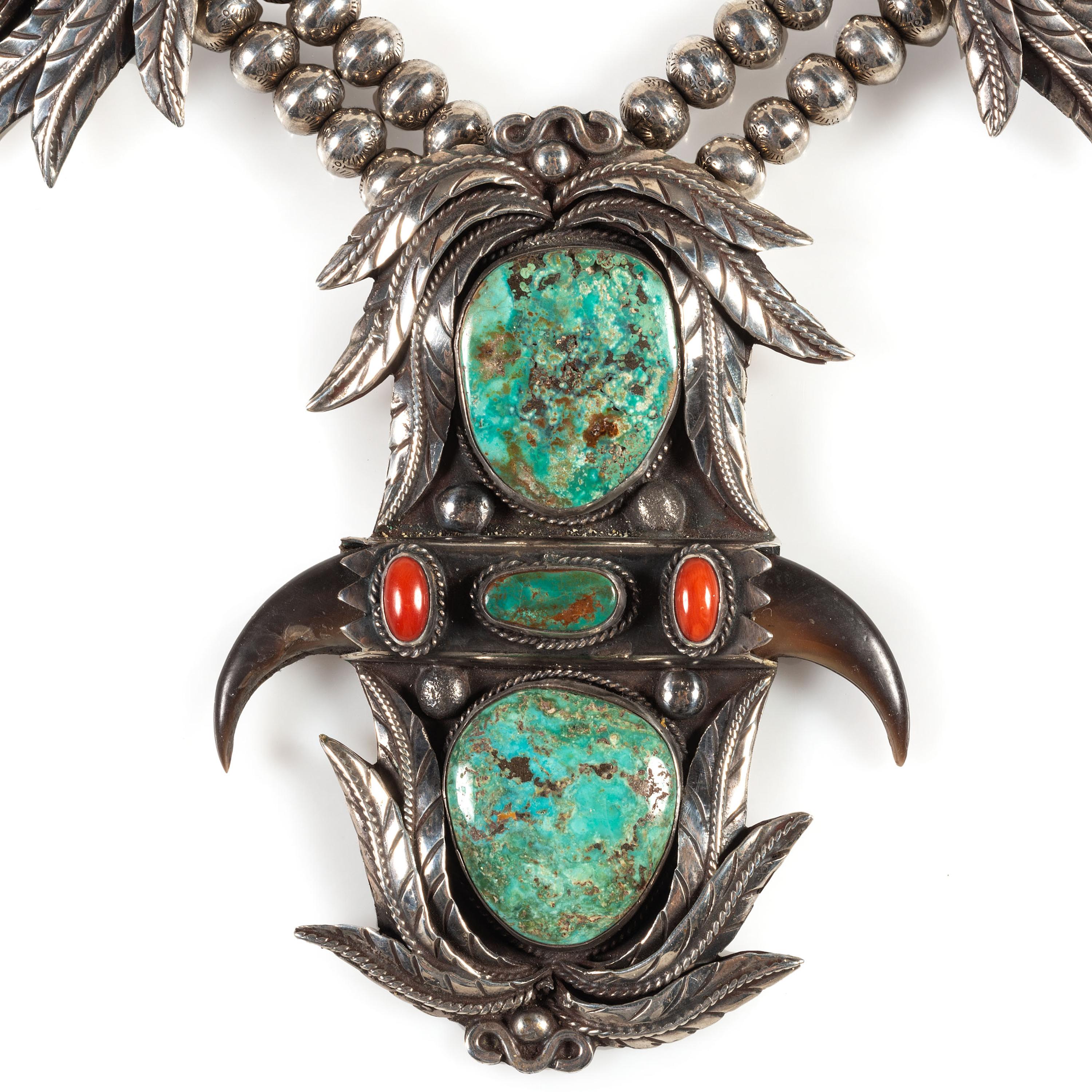 Navajo Silver, Turquoise, Coral, and Claw Necklace