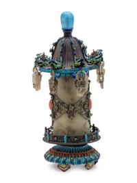 A Chinese Jade Inset Enamel on Silver Incense Burner