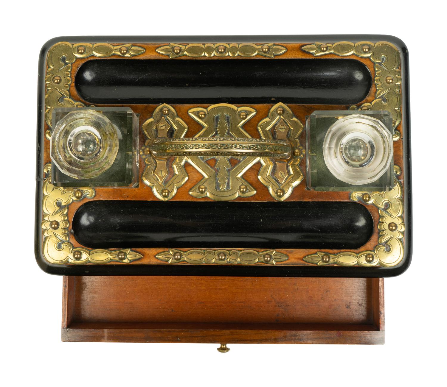An English Brass Mounted Oak Inkwell — CIRCA 1860