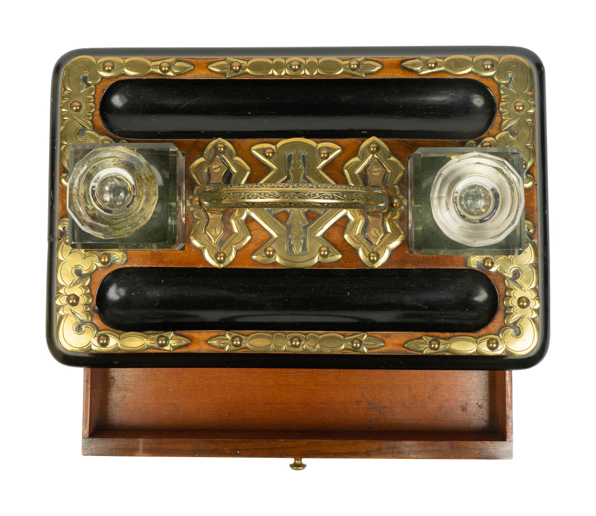 An English Brass Mounted Oak Inkwell — CIRCA 1860