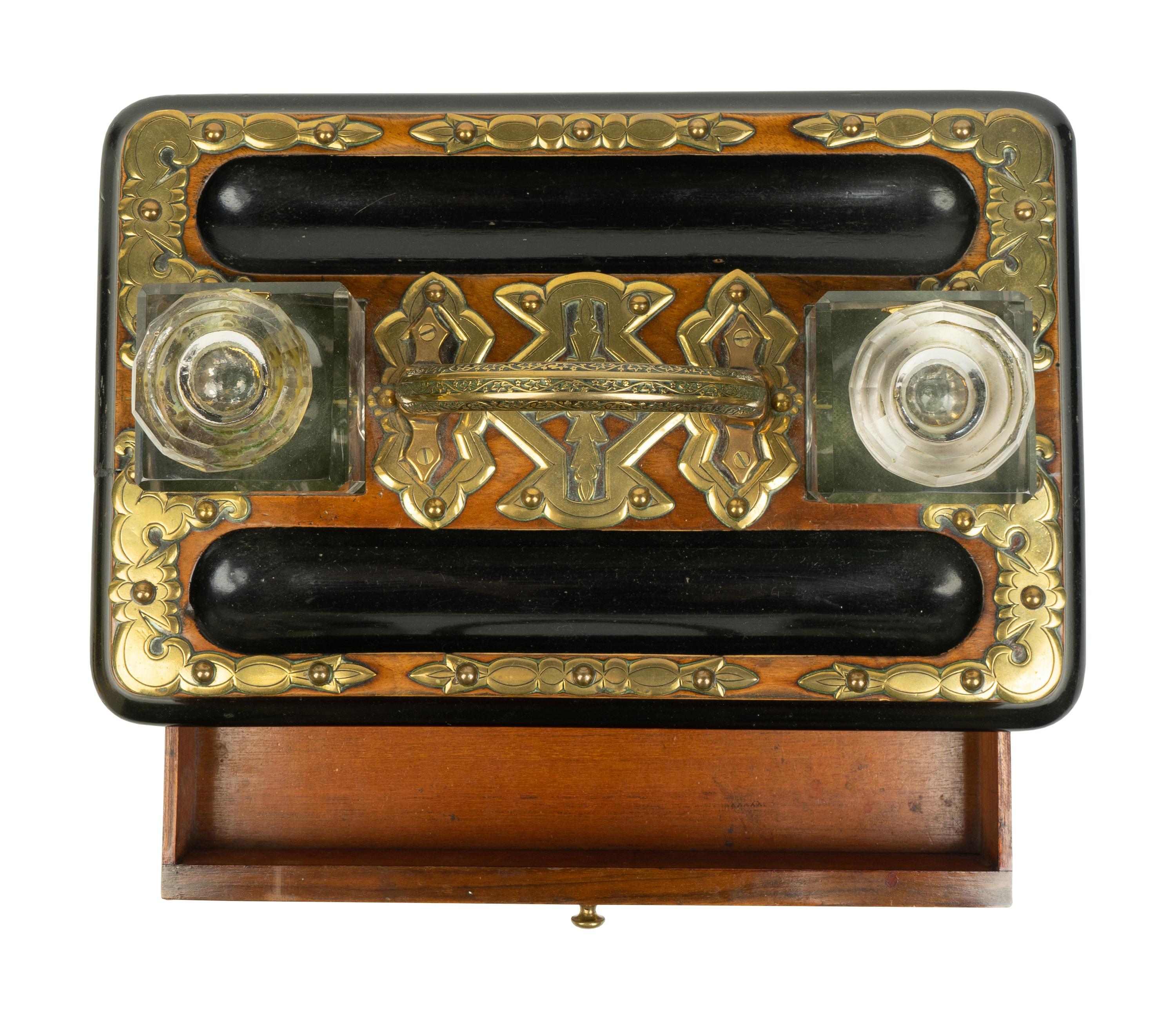An English Brass Mounted Oak Inkwell — CIRCA 1860