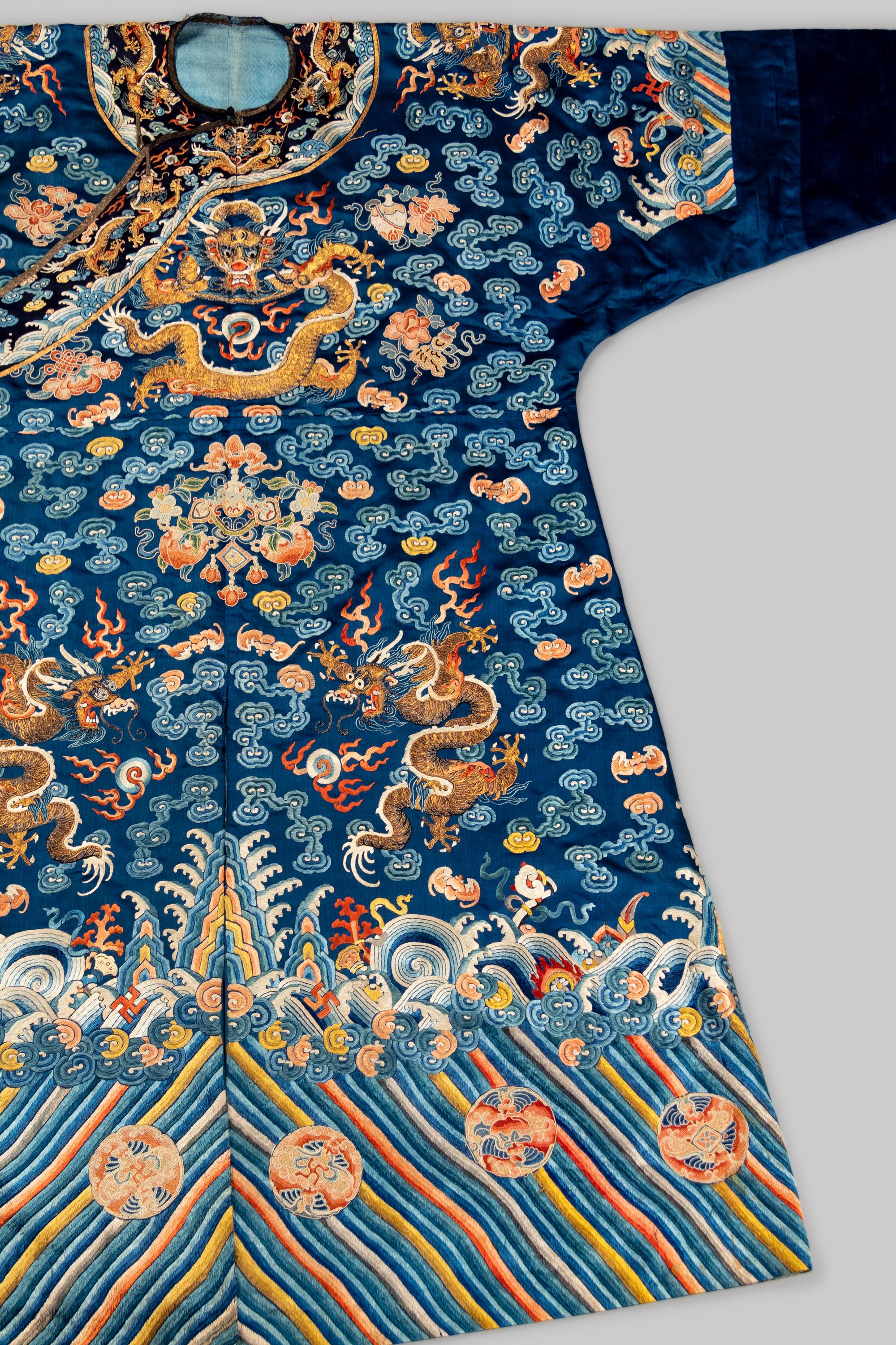 A Blue Ground Embroidered Silk Dragon Robe, Jifu