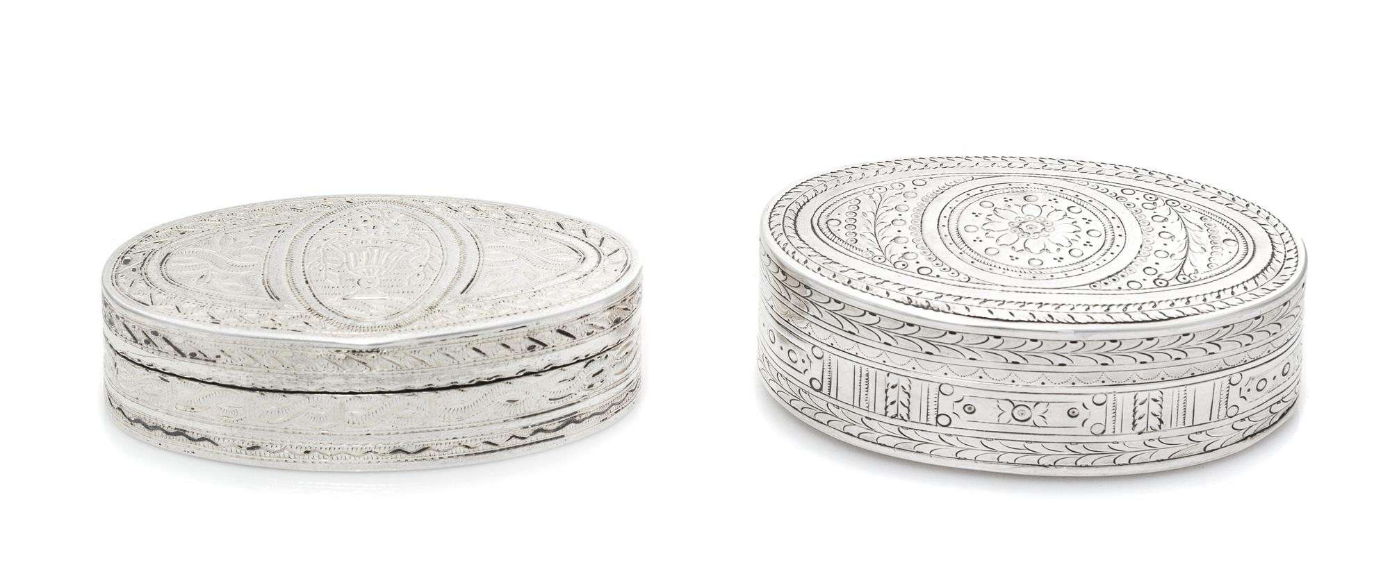 Two French Ancien Regime Silver Snuff Boxes, Maker's Marks Obscured, 18th Century, each of oval form, worked to show geometric and flor