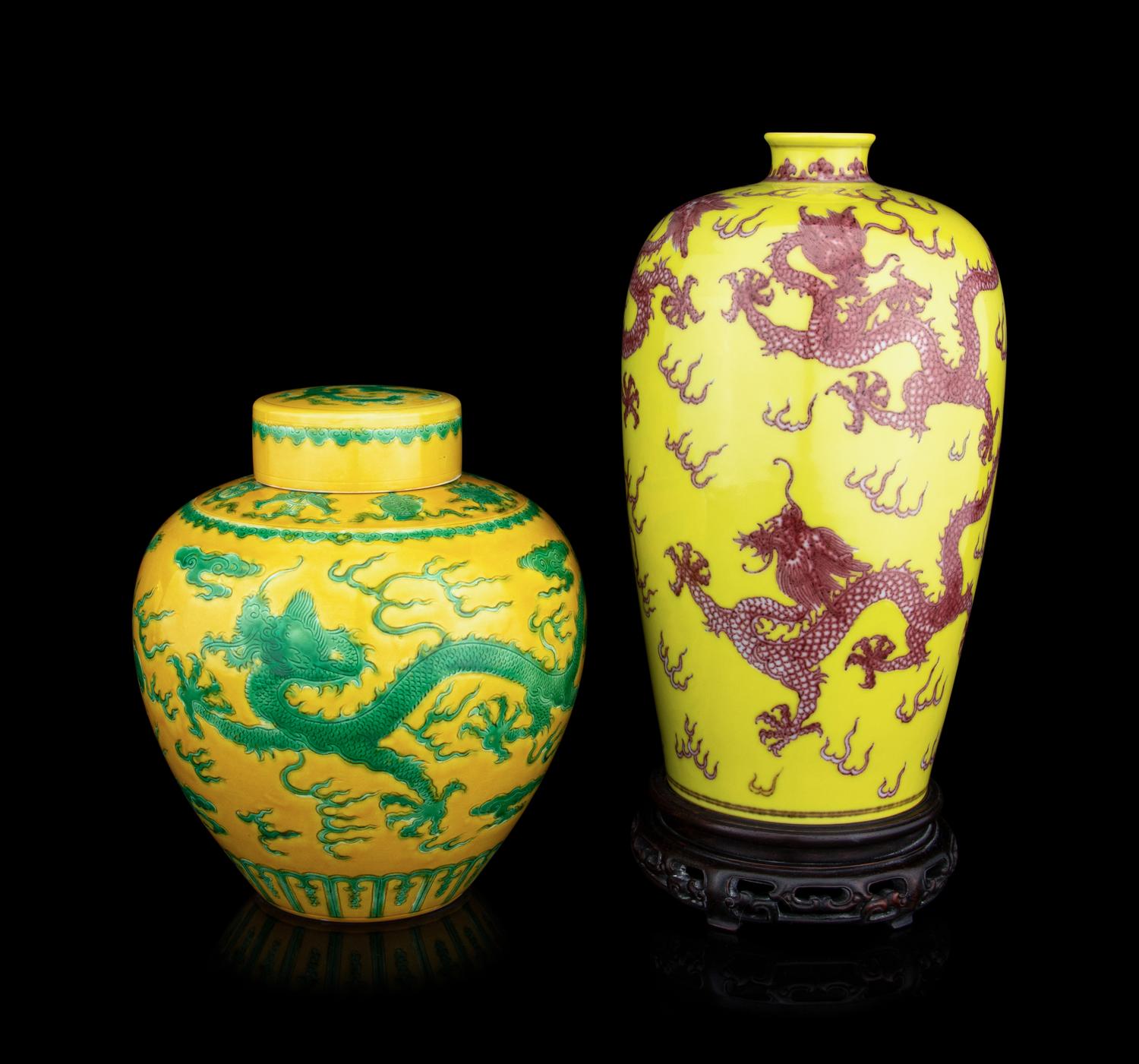Two Chinese Yellow-Ground Famille Rose Porcelain 'Dragon' Vessels