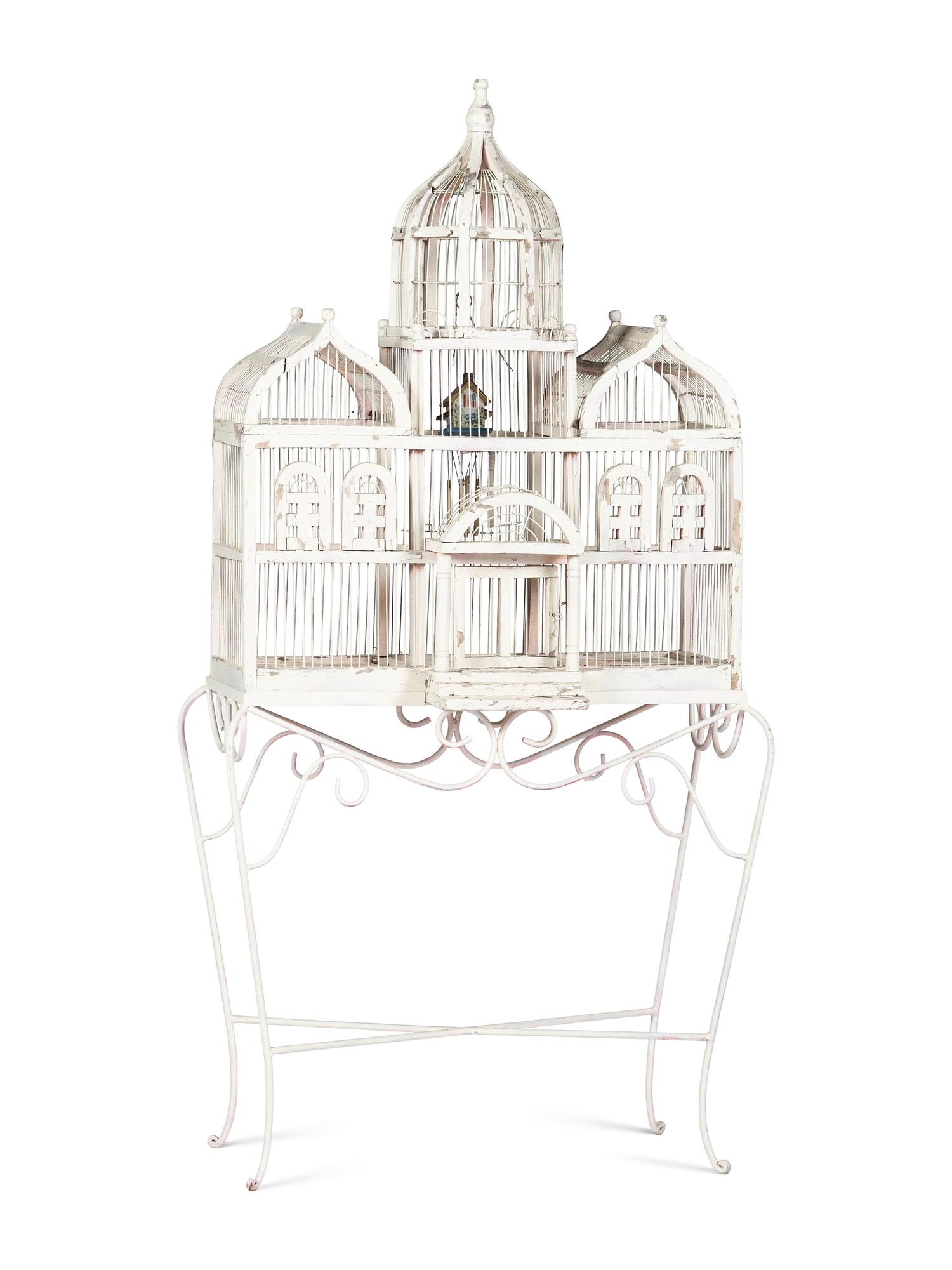 A White Painted Wood Birdcage