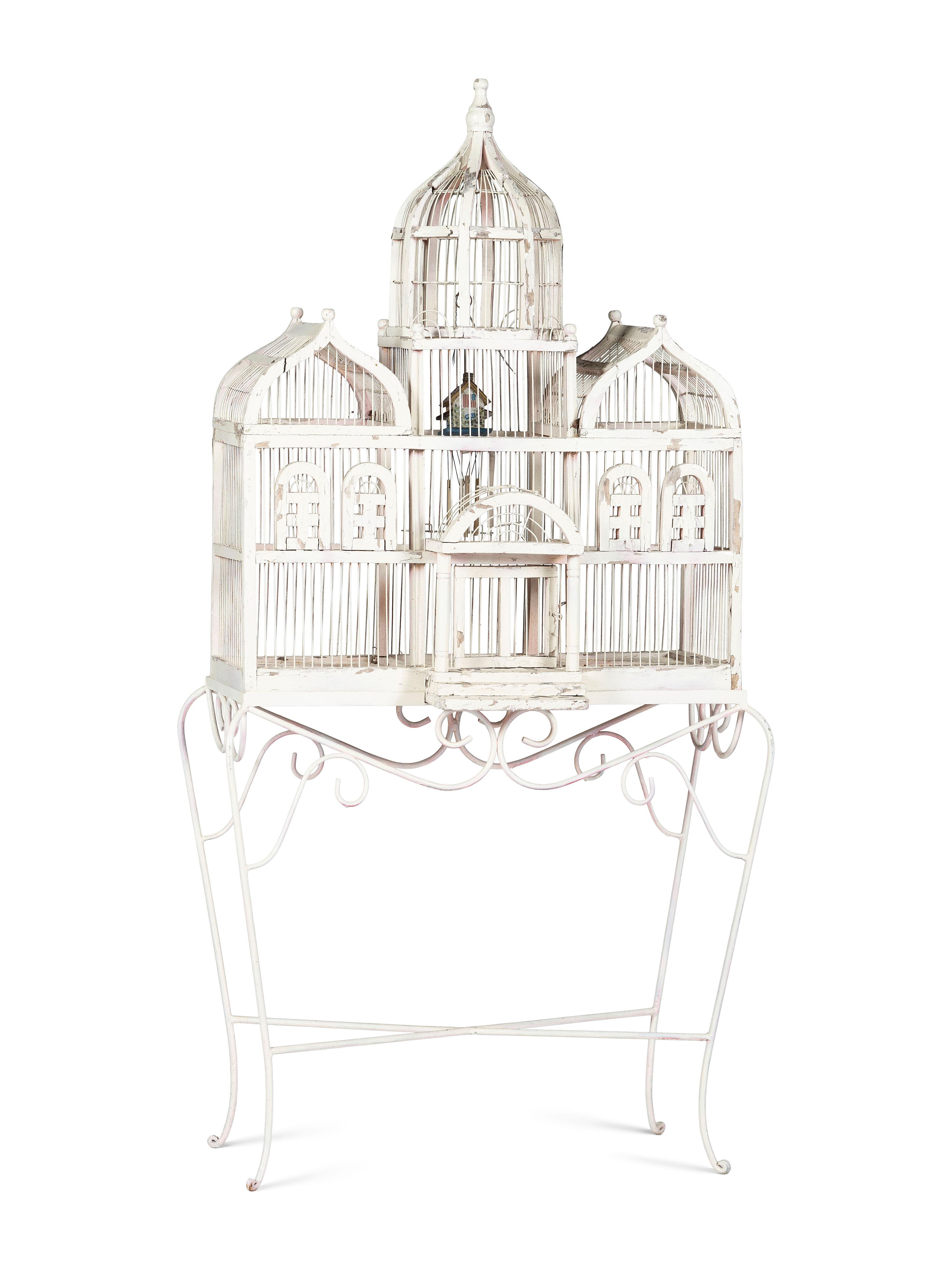 A White Painted Wood Birdcage