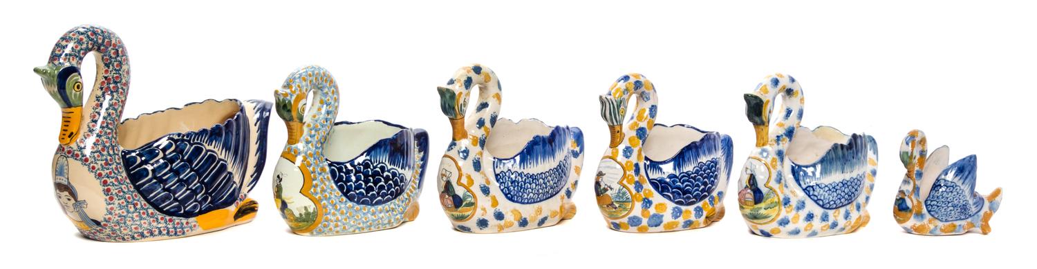 A Collection of Six Quimper Swan Form Pottery Bowls Length of longest 10 1/4 inches.