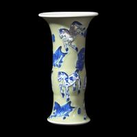 A Chinese Celadon Ground Copper Red, Blue and White 'Horses' Gu Vase, Kangxi Period 清康熙 豆青地青花釉裏紅八駿圖觚