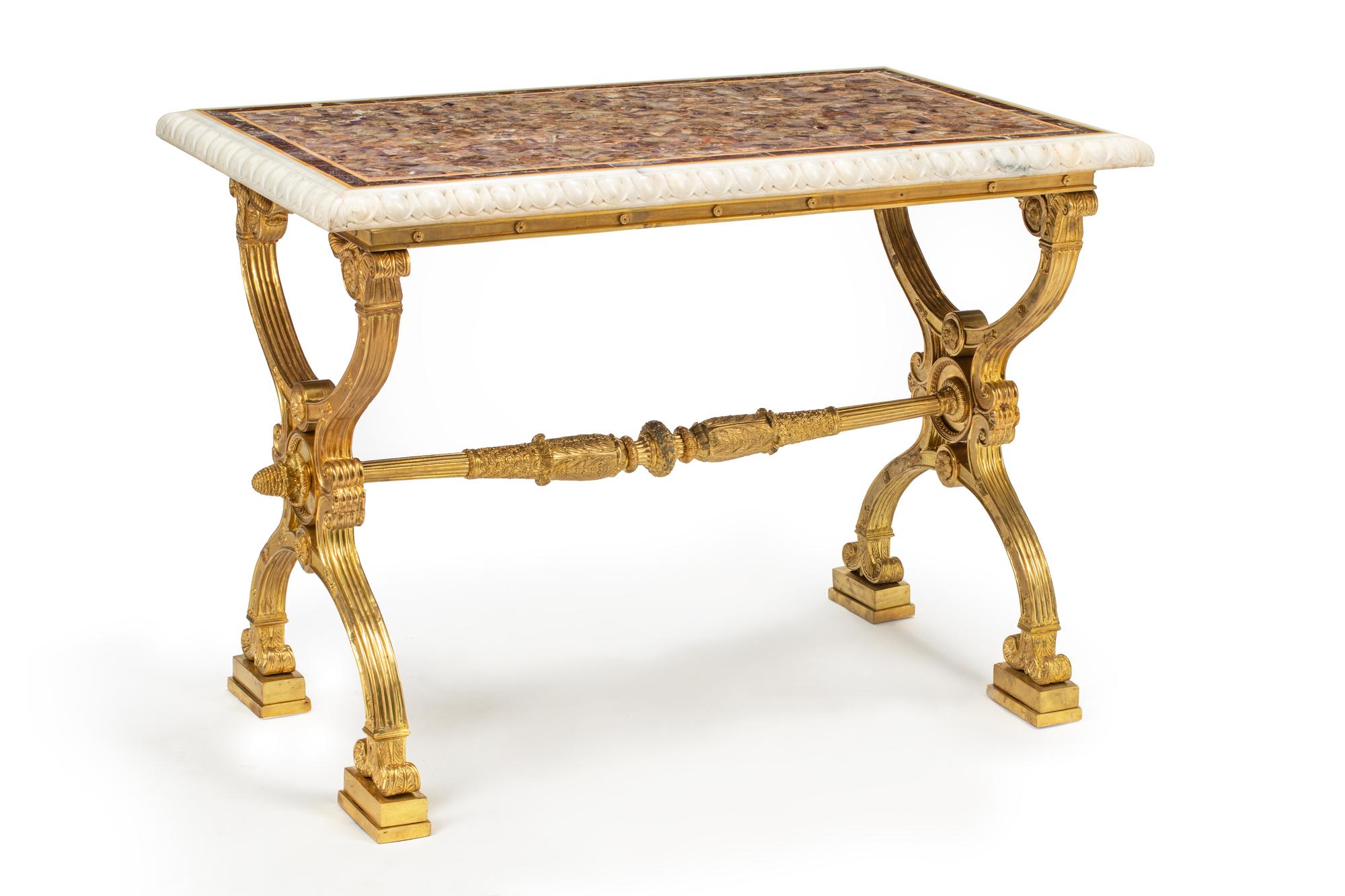 A Baltic Style Gilt Metal Table with an Amethyst and Marble Top