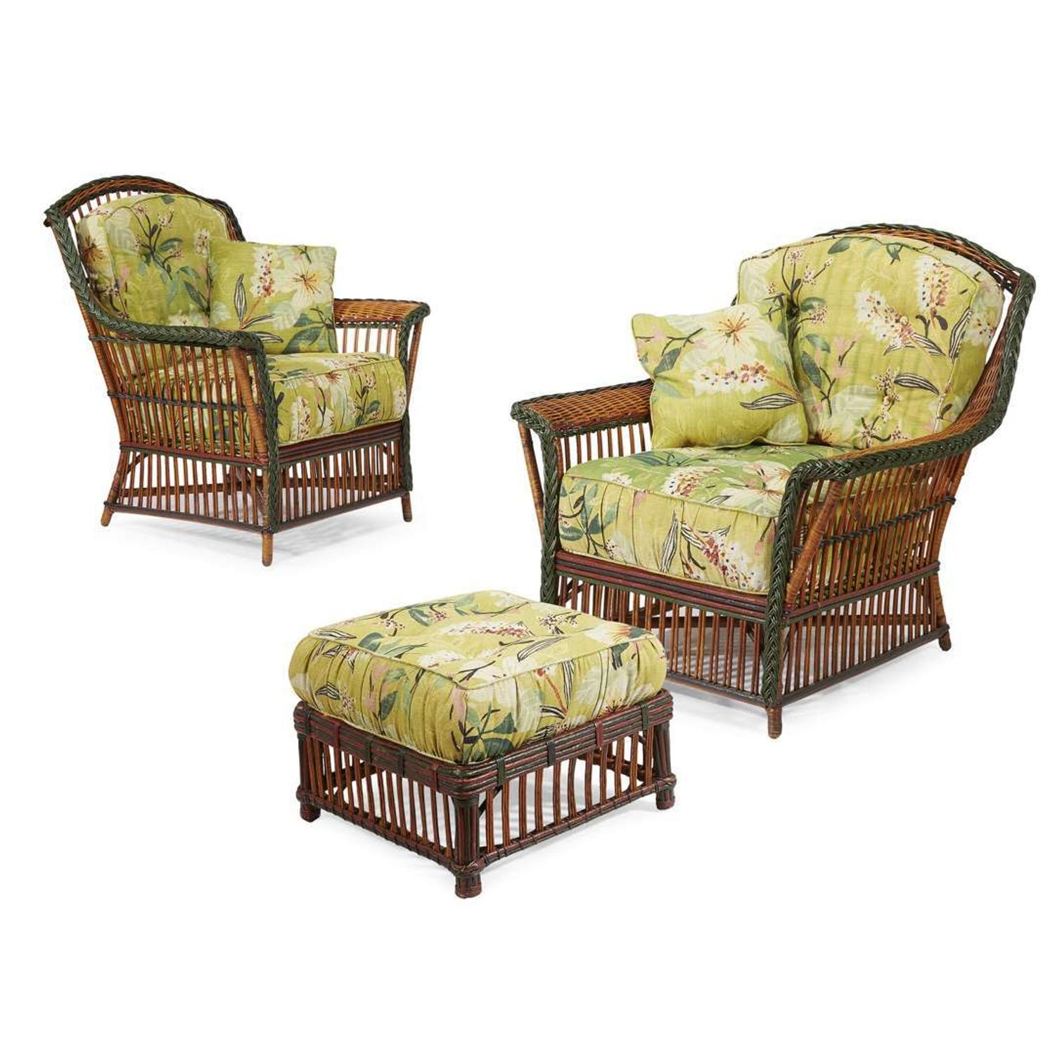 A near pair of polychrome painted rattan lounge chairs and an ottoman american, circa 1900