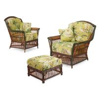 A near pair of polychrome painted rattan lounge chairs and an ottoman american, circa 1900