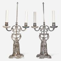 A pair of silver metal table lamps in the form of two-light candelabra Edward F. Caldwell & Co. (active 1895-1959), New York, NY, early 20th century