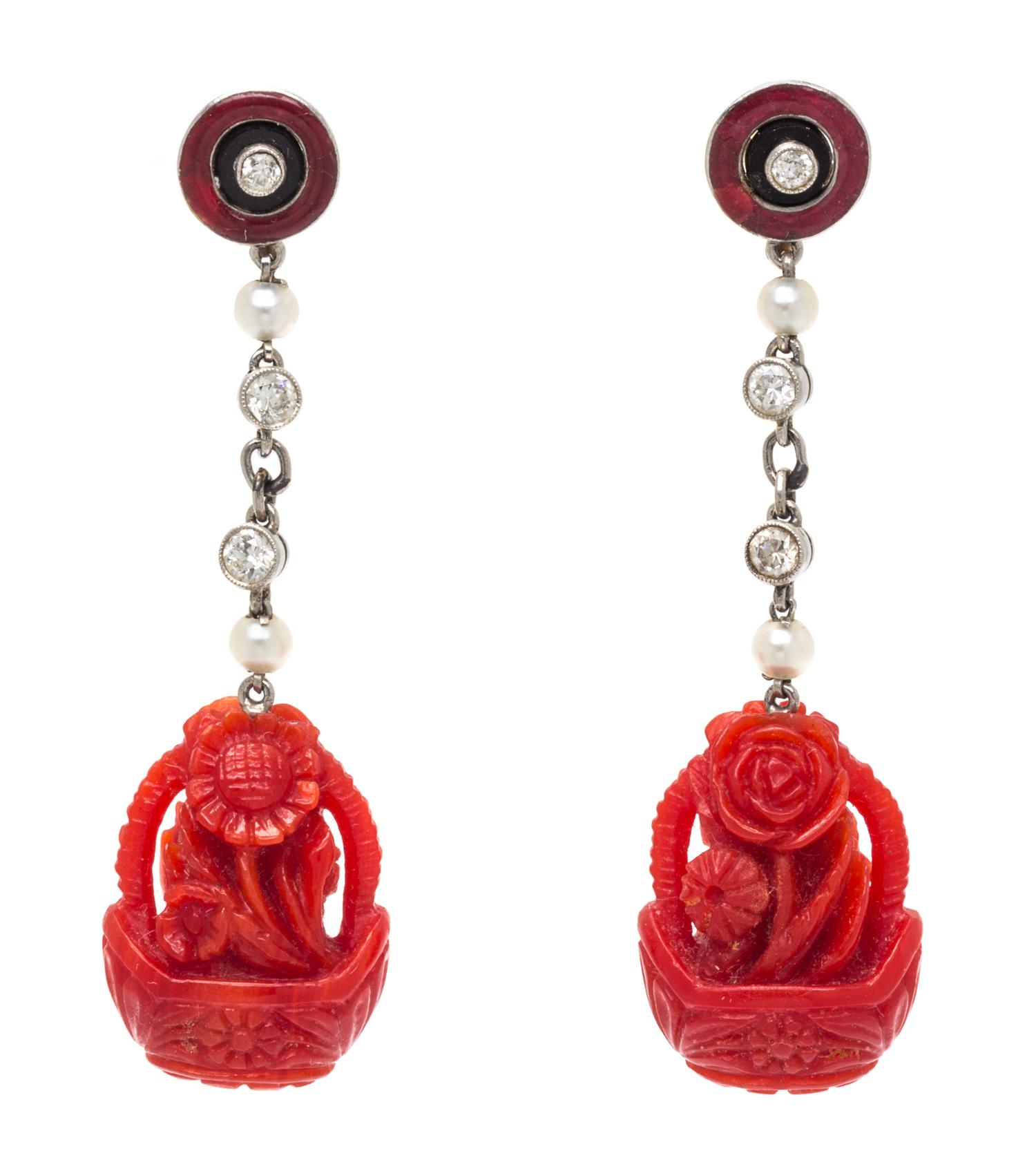 A Pair of Art Deco Platinum, Coral, Diamond, Pearl and Polychrome Enamel Pendant Earrings, 6.40 dwts.