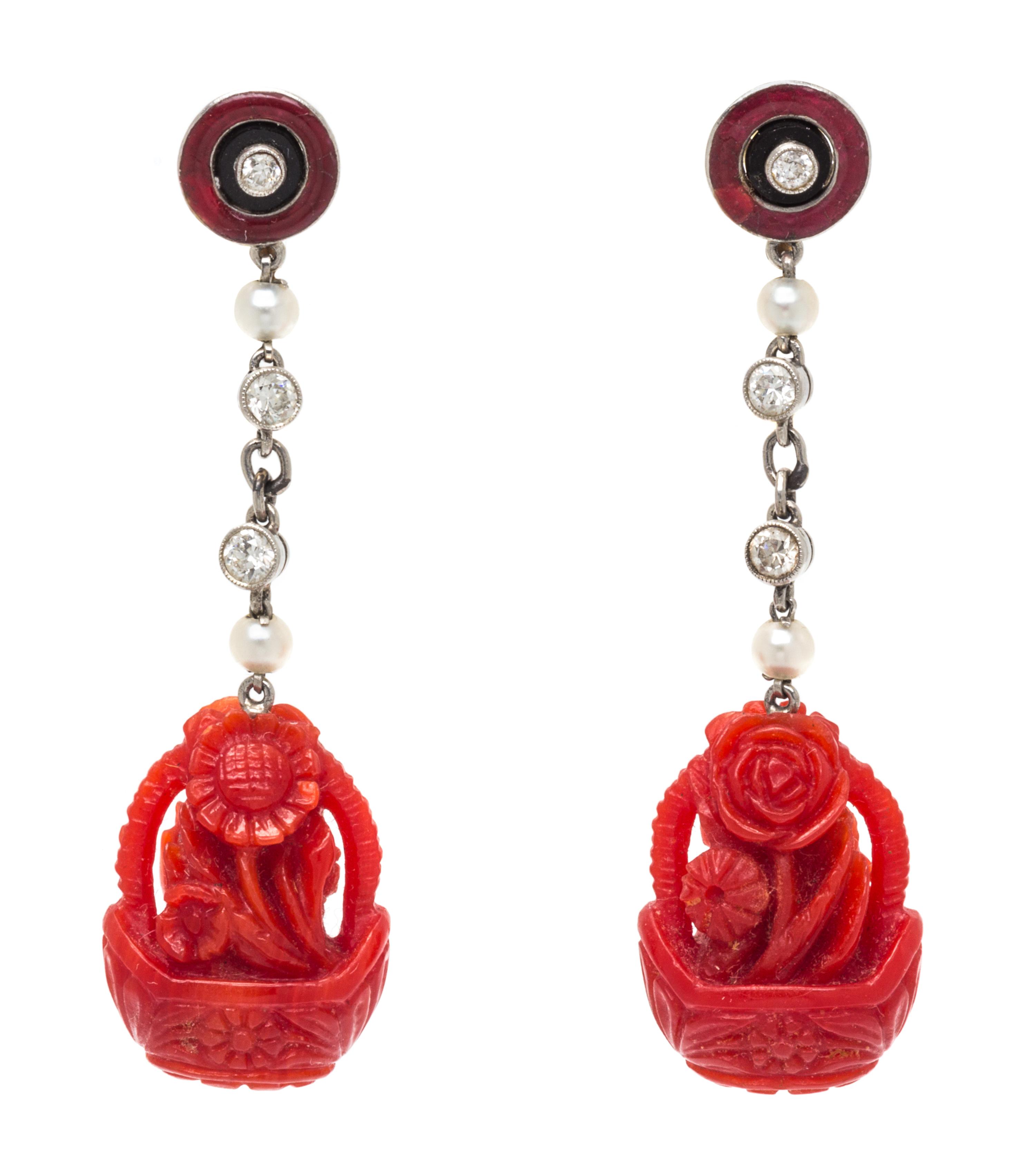A Pair of Art Deco Platinum, Coral, Diamond, Pearl and Polychrome Enamel Pendant Earrings, 6.40 dwts.