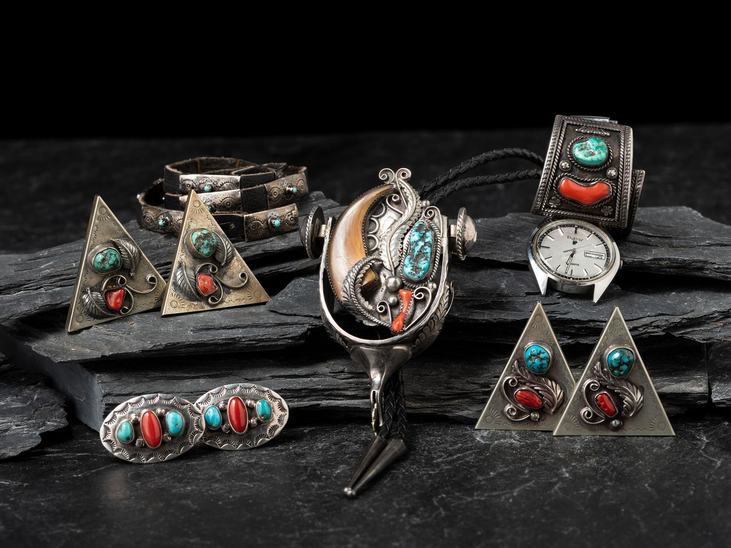 Navajo Silver, Turquoise, and Coral Cowboy Jewelry