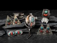 Navajo Silver, Turquoise, and Coral Cowboy Jewelry