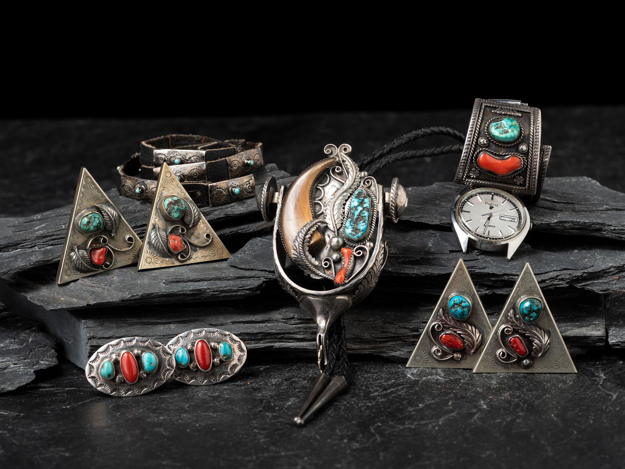 Navajo Silver, Turquoise, and Coral Cowboy Jewelry