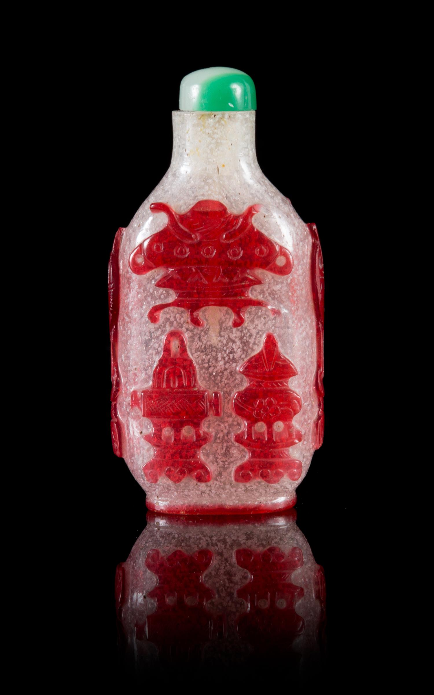 A Ruby Red Overlay Snowflake Ground Snuff Bottle Height 3 inches.
