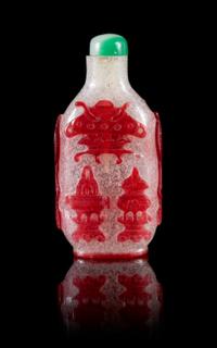 A Ruby Red Overlay Snowflake Ground Snuff Bottle Height 3 inches.