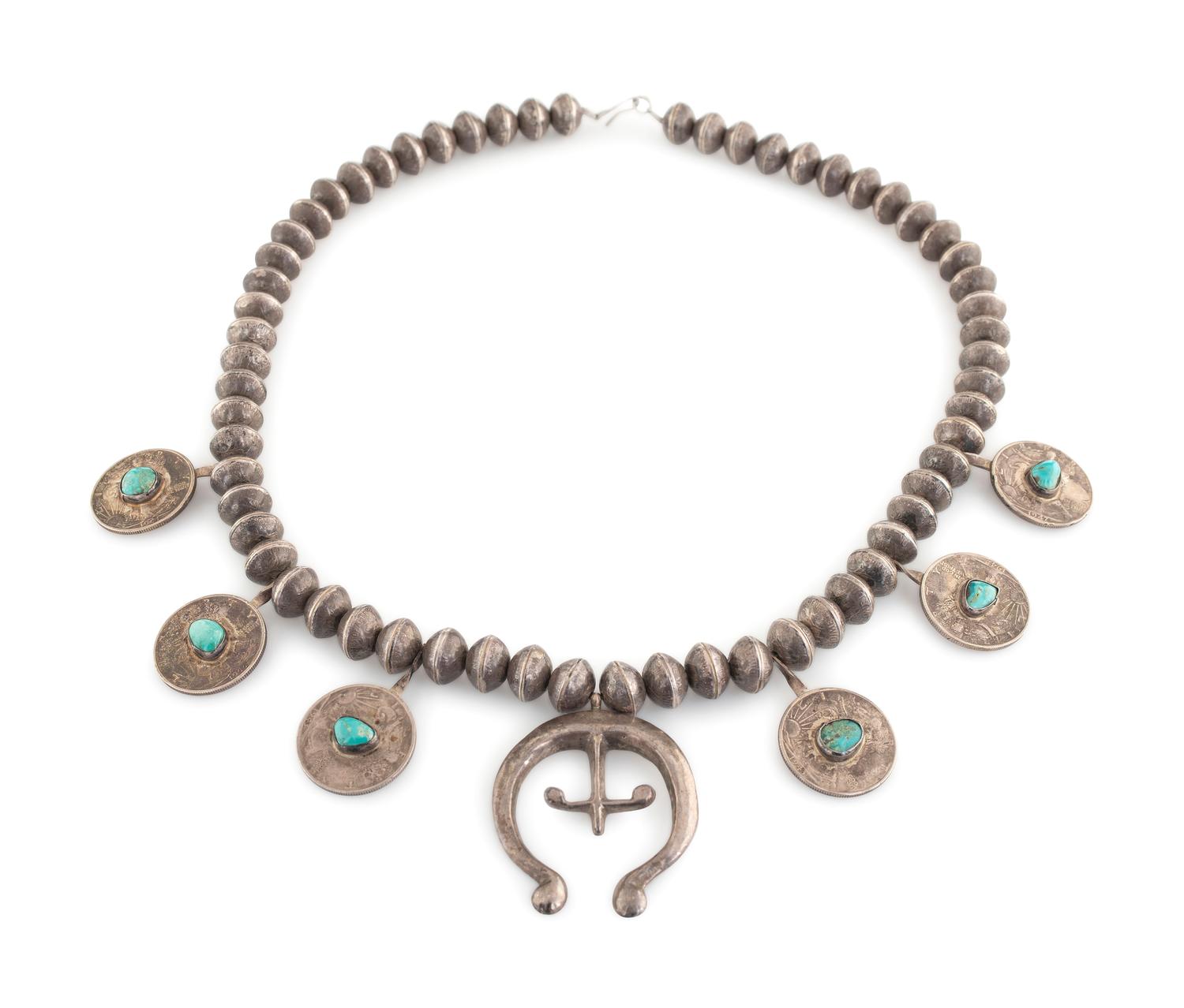 Navajo Silver, Turquoise, and Coin Squash Blossom Necklace