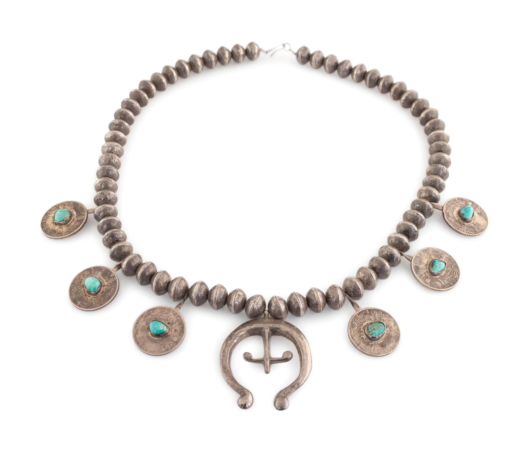 Navajo Silver, Turquoise, and Coin Squash Blossom Necklace