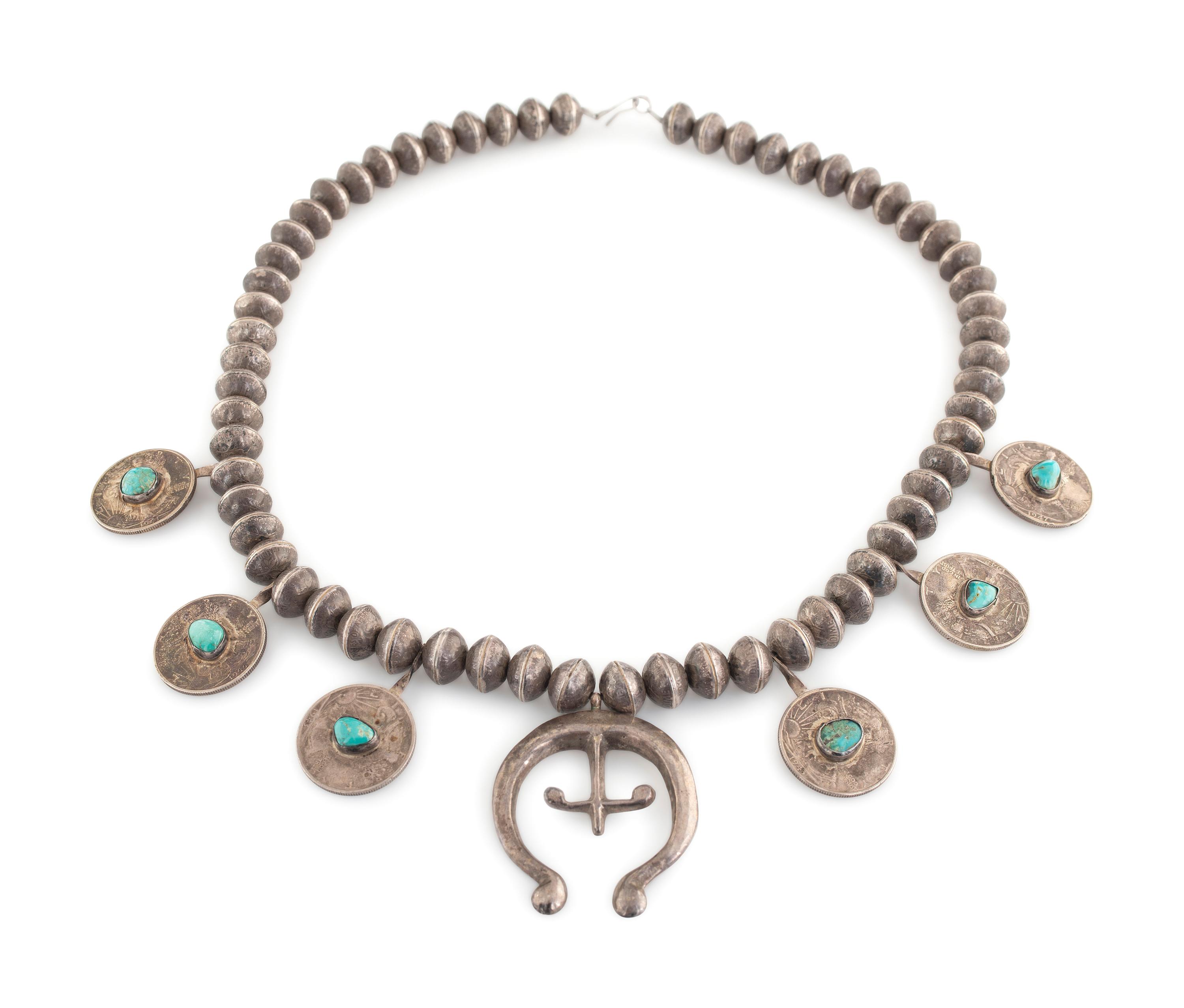 Navajo Silver, Turquoise, and Coin Squash Blossom Necklace
