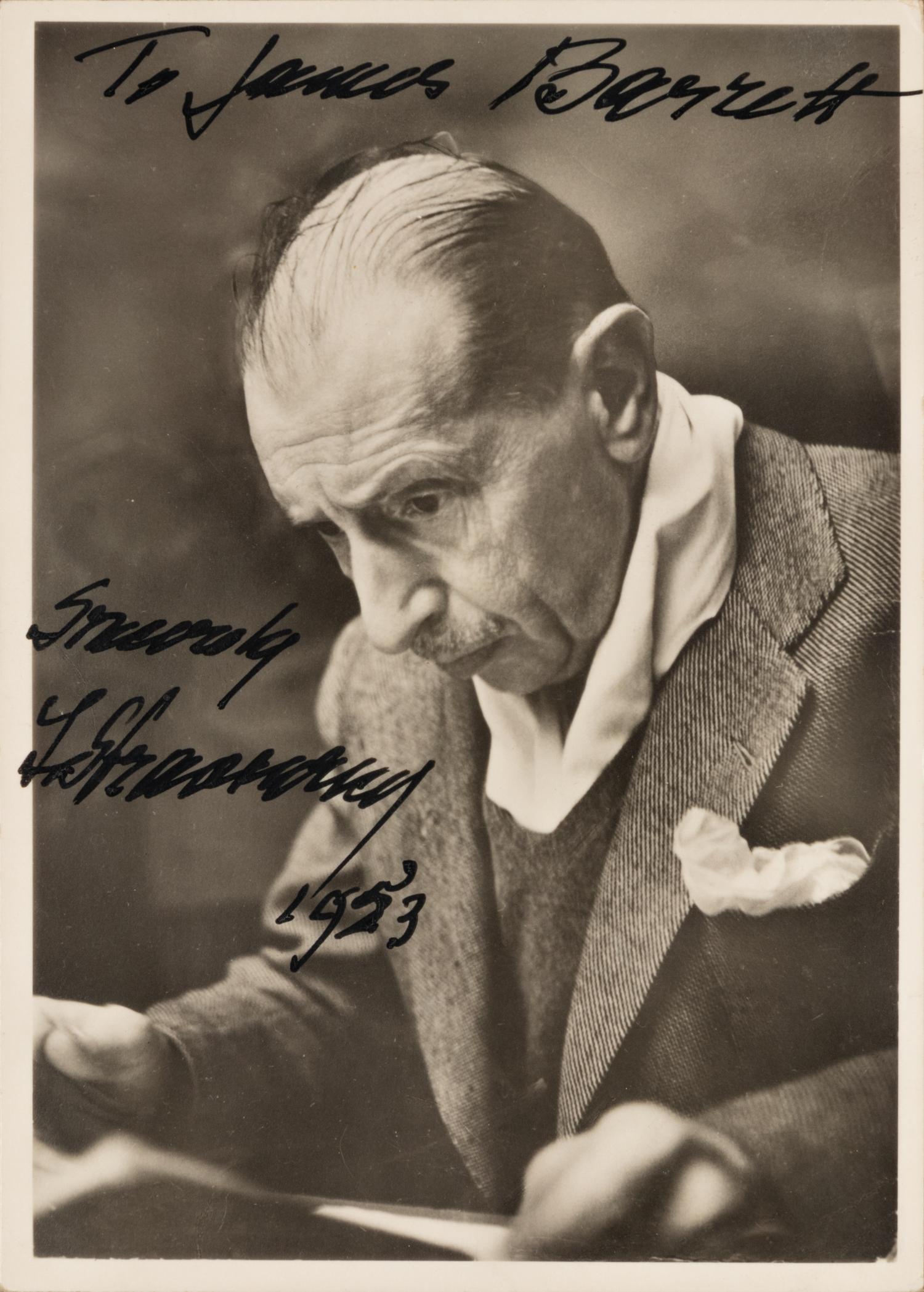 STRAVINSKY, Igor (1882-1971). Photographic portrait, signed (“I. Stravinsky”), 1953.