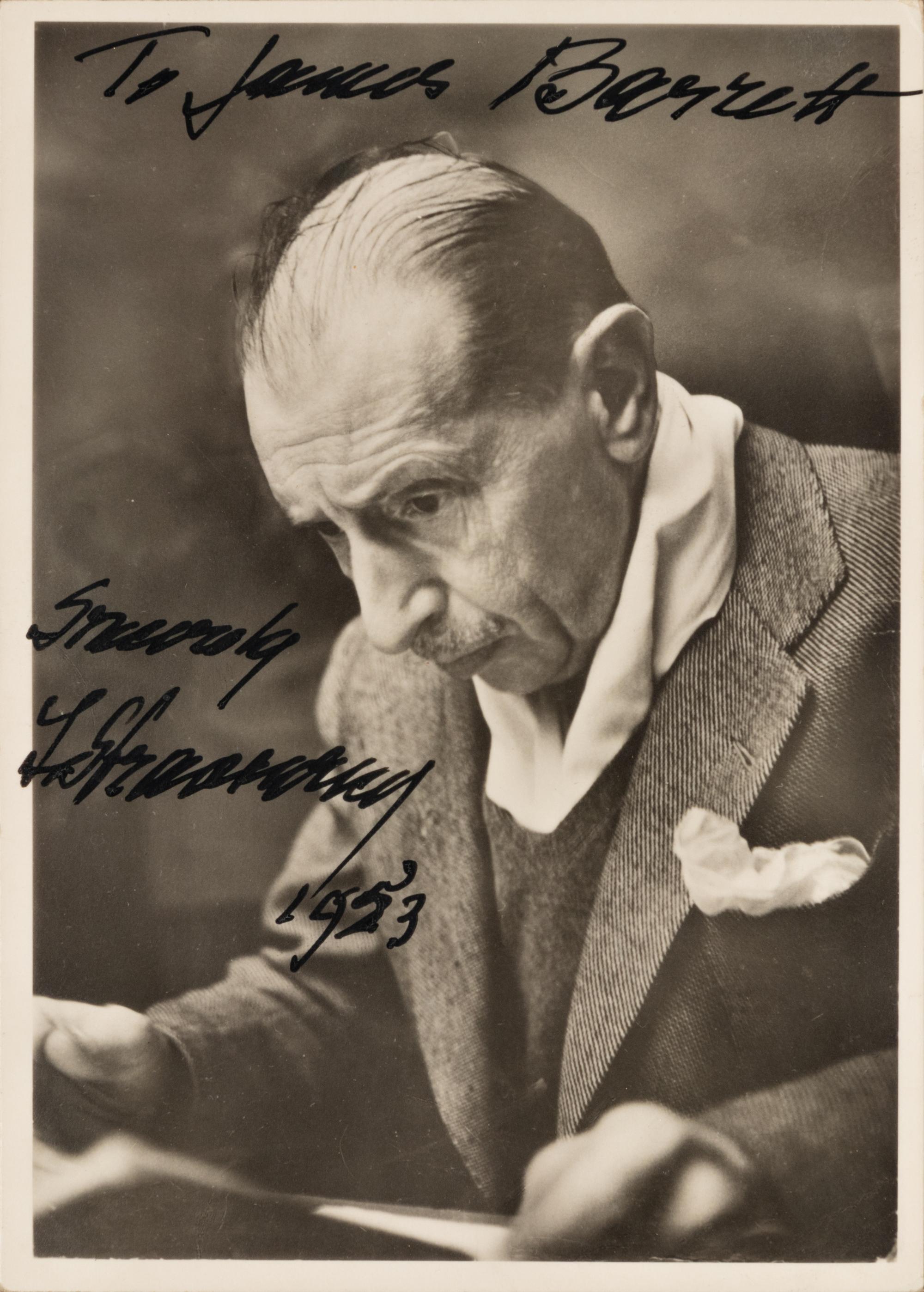 STRAVINSKY, Igor (1882-1971). Photographic portrait, signed (“I. Stravinsky”), 1953.