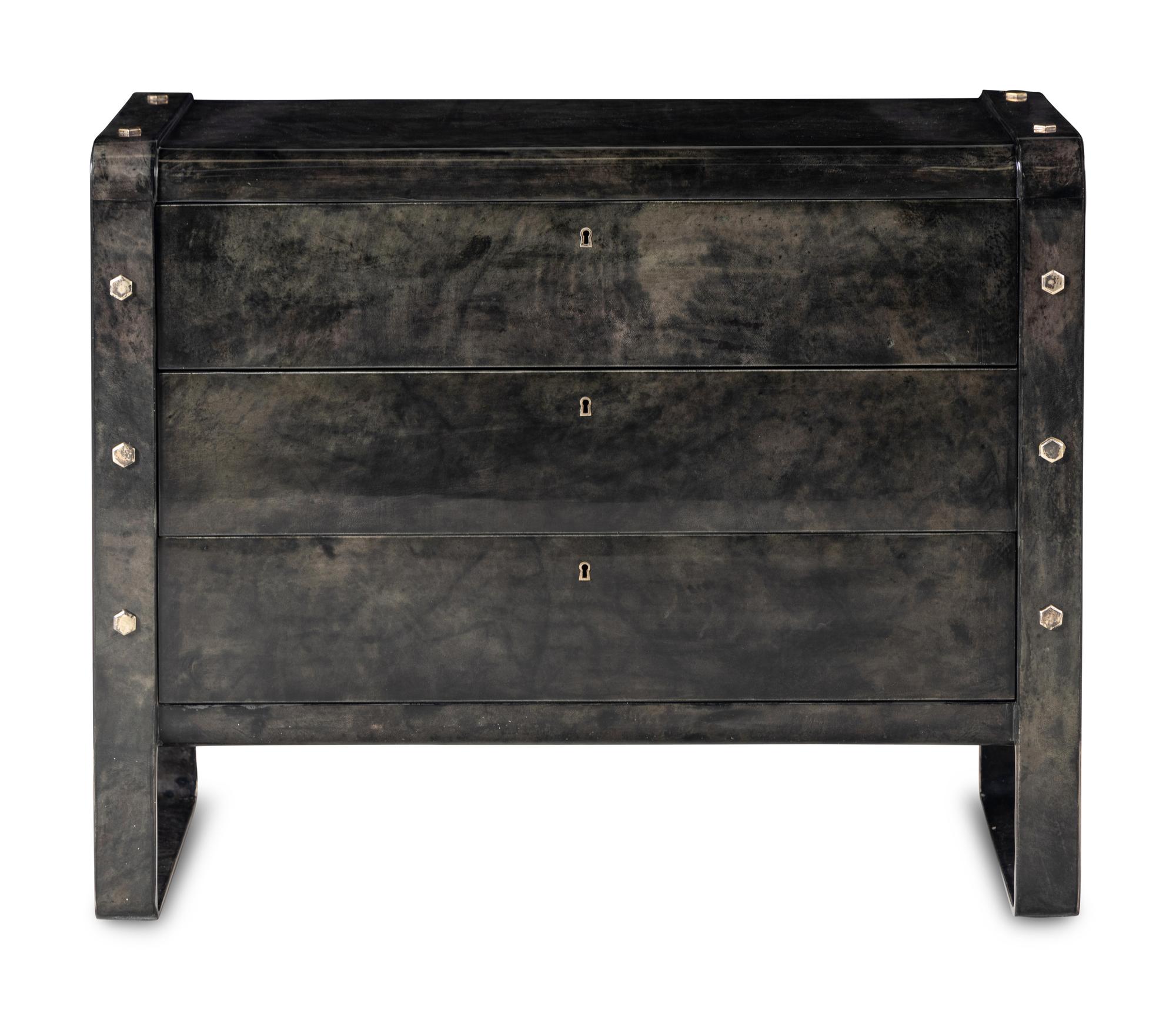 A Contemporary Lacquered Goatskin Veneered Chest of Drawers