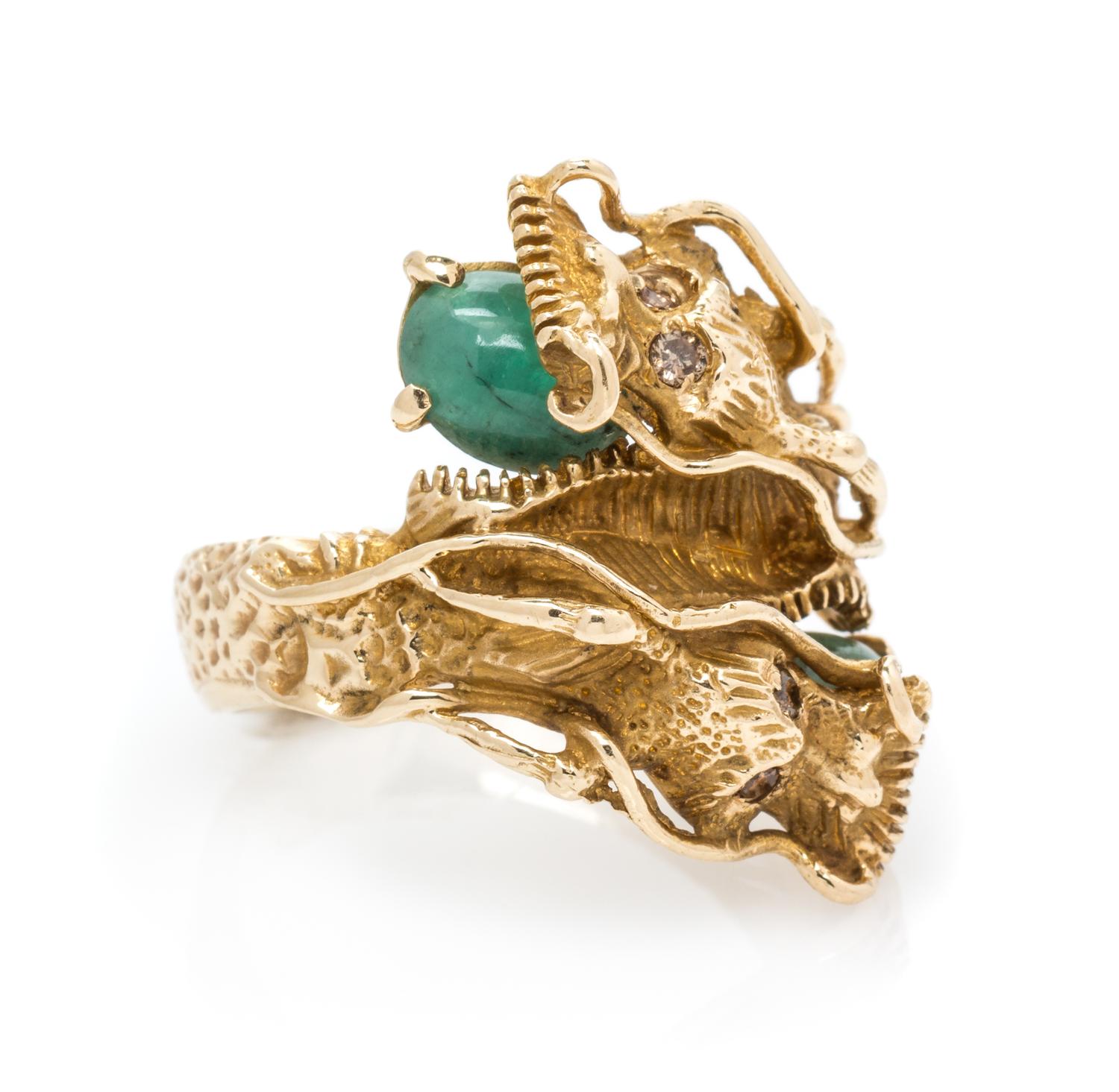 A 14 Karat Yellow Gold, Emerald and Colored Diamond Dragon Motif Ring, 7.50 dwts.