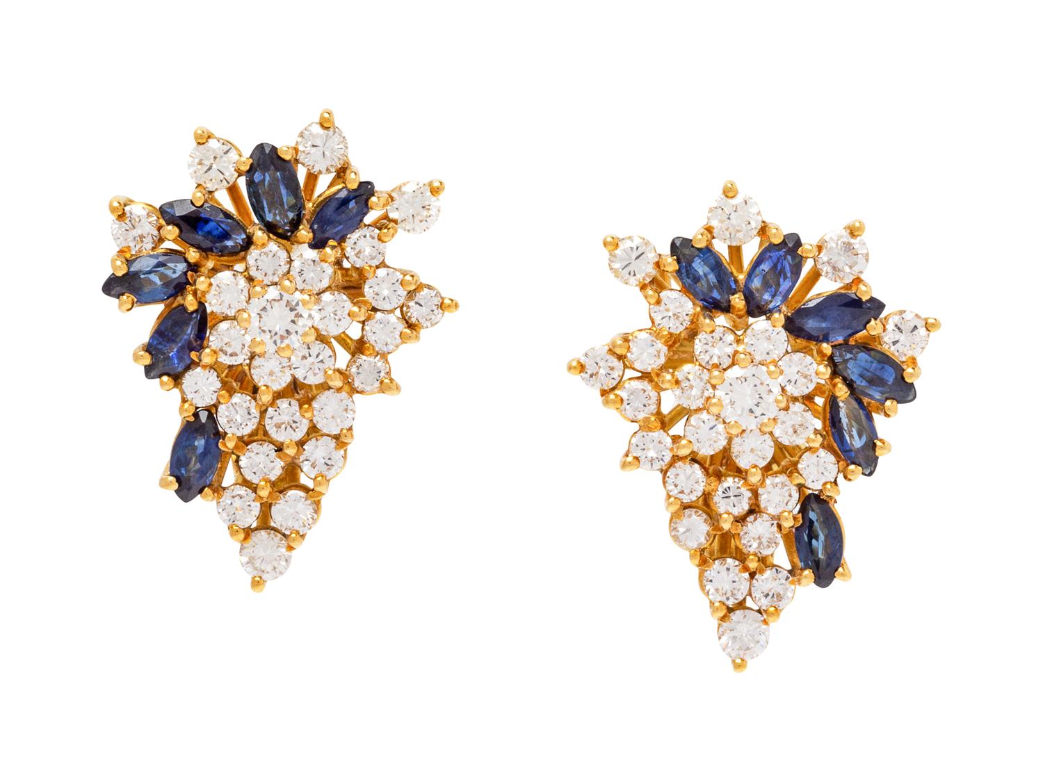 A Pair of Yellow Gold, Diamond and Sapphire Earclips,