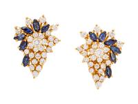 A Pair of Yellow Gold, Diamond and Sapphire Earclips,