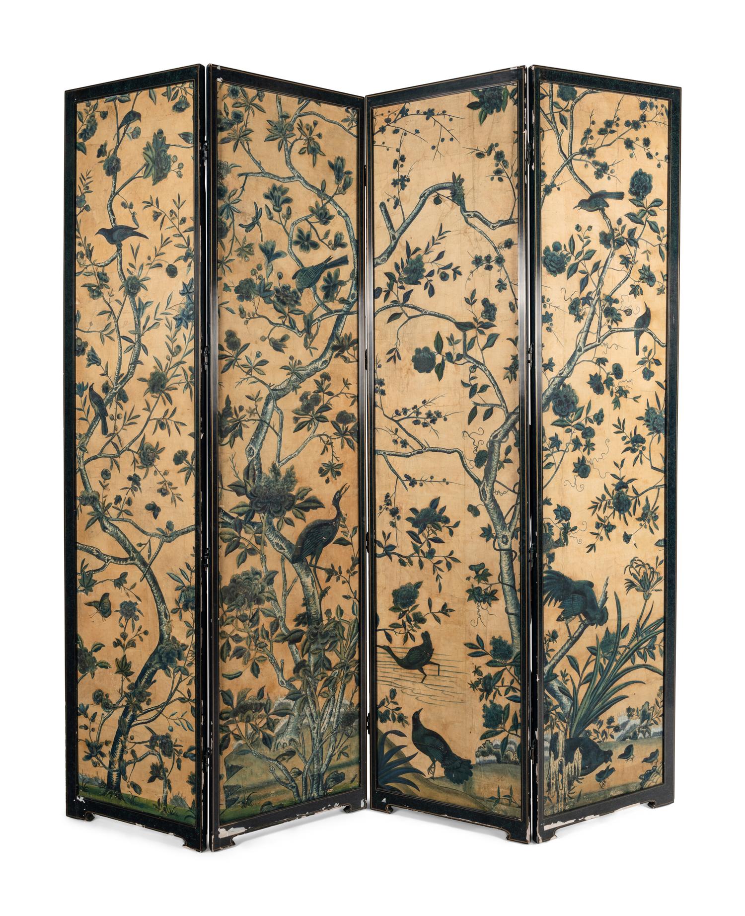 A Chinese Export Blue and White Wallpaper Four-Panel Screen