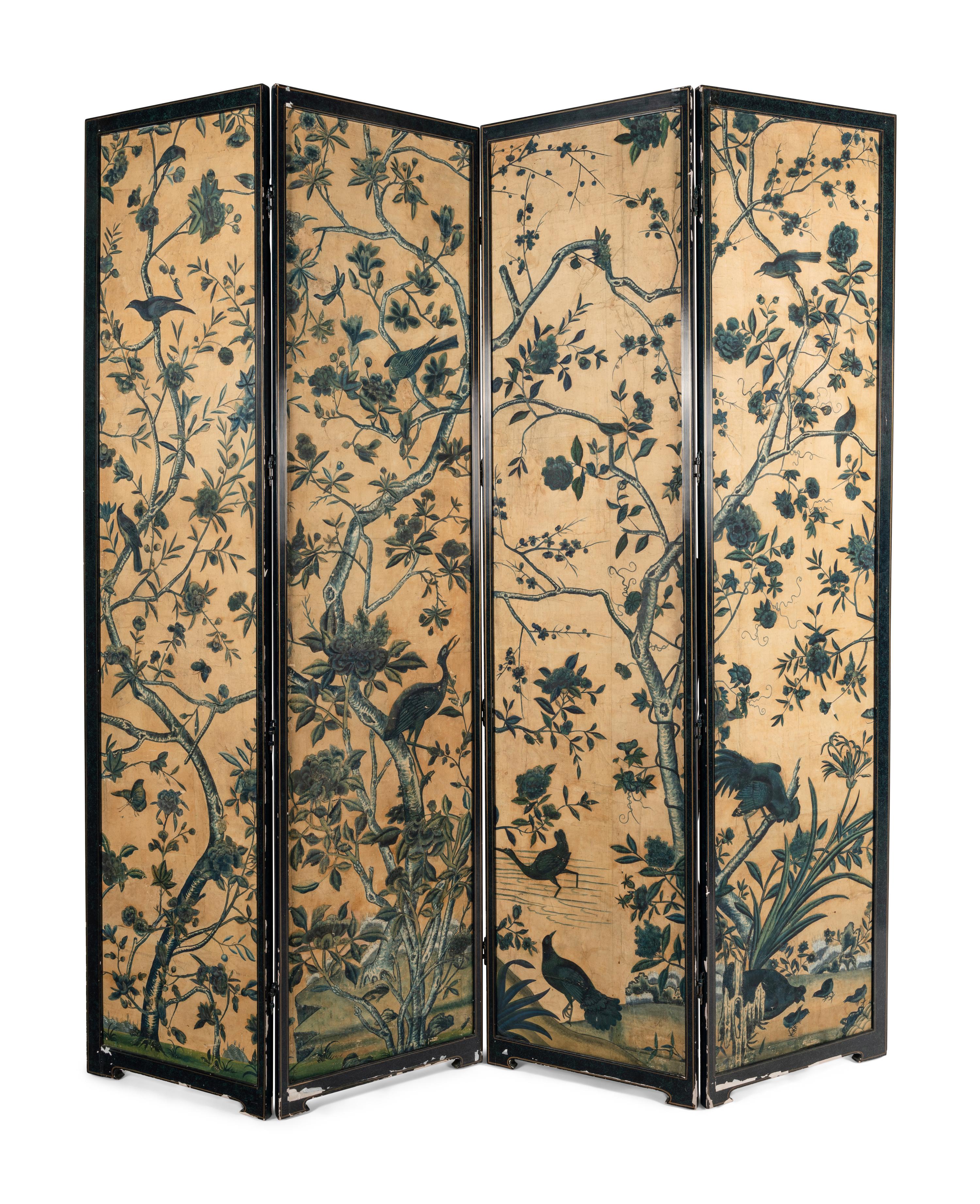 A Chinese Export Blue and White Wallpaper Four-Panel Screen