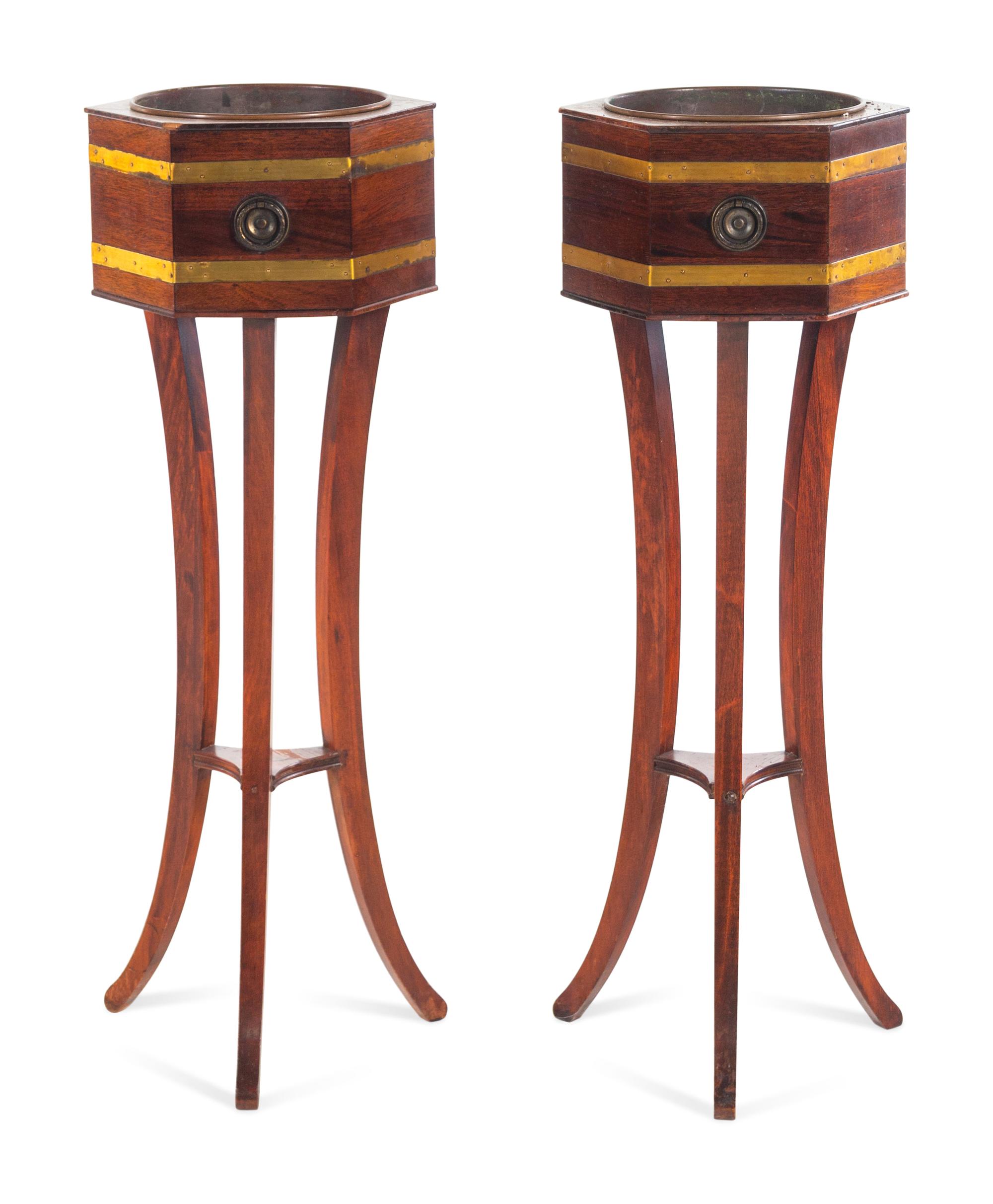 A Pair of Regency Brass Banded Mahogany Jardinière Stands