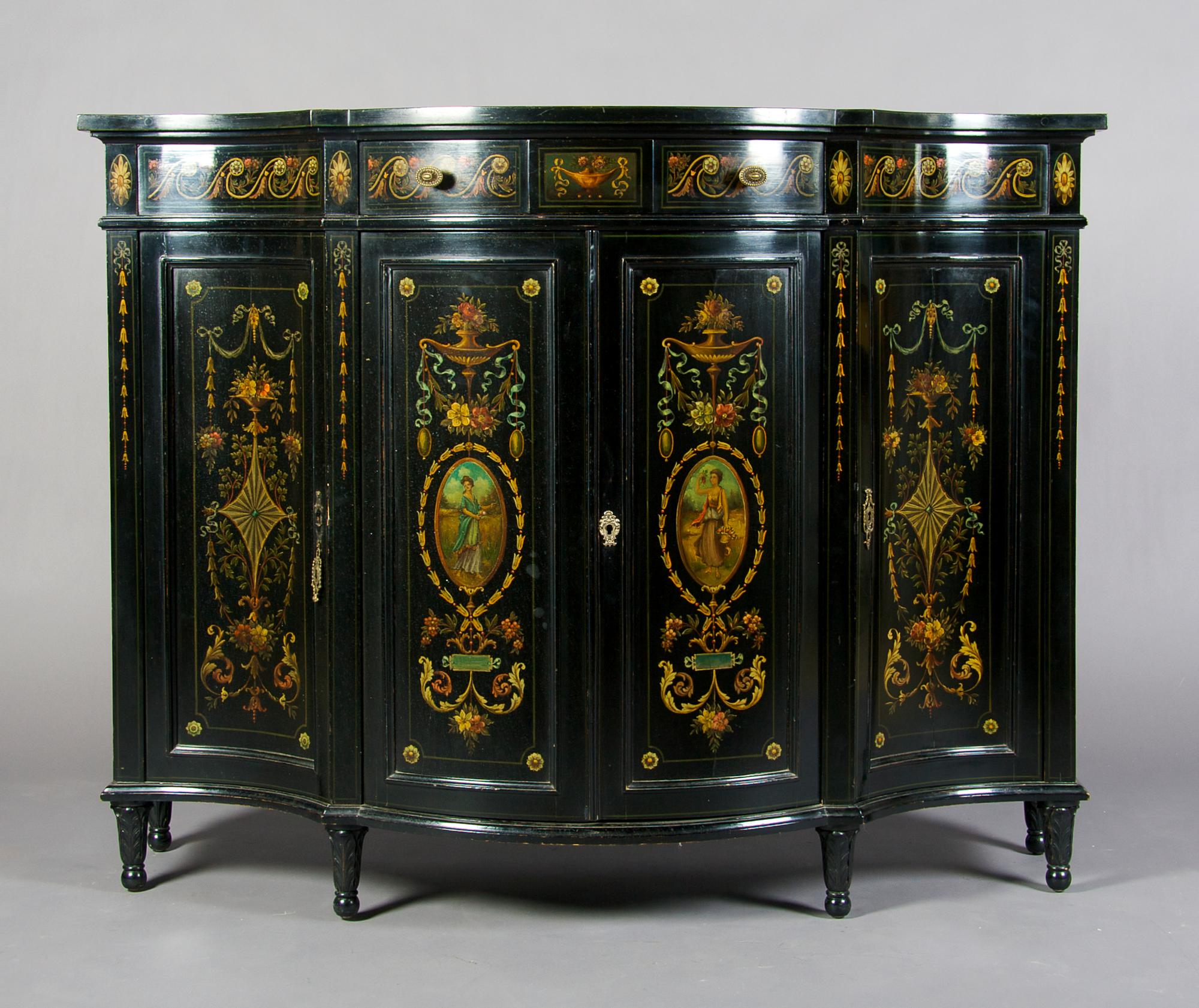 An Adam Style Ebonized Console Cabinet, Height 41 x width 54 1/2 x depth 16 inches.