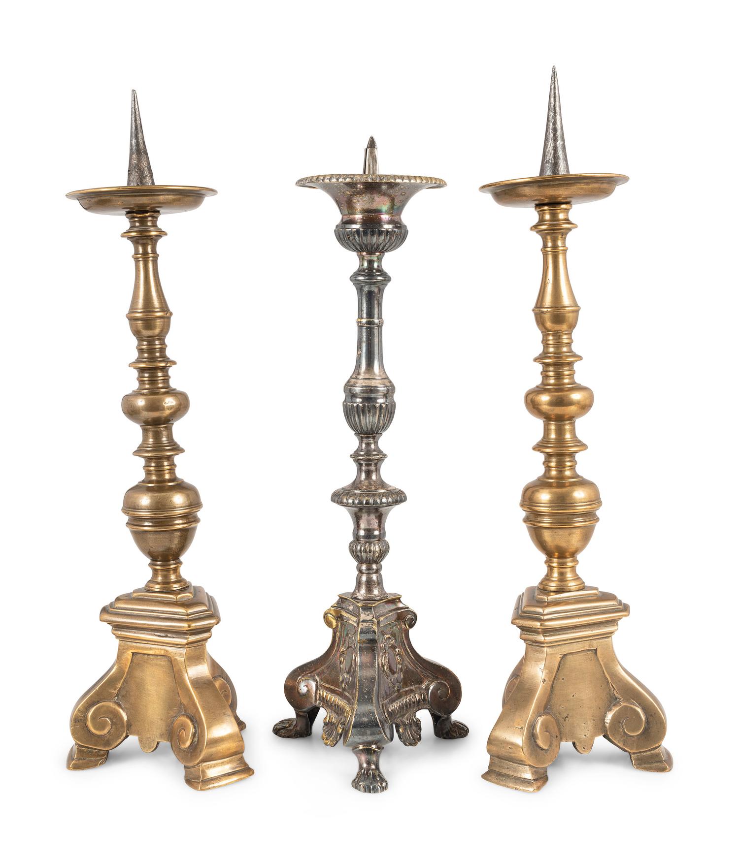 A Pair of Continental Brass Tripod Base Pricket Sticks
