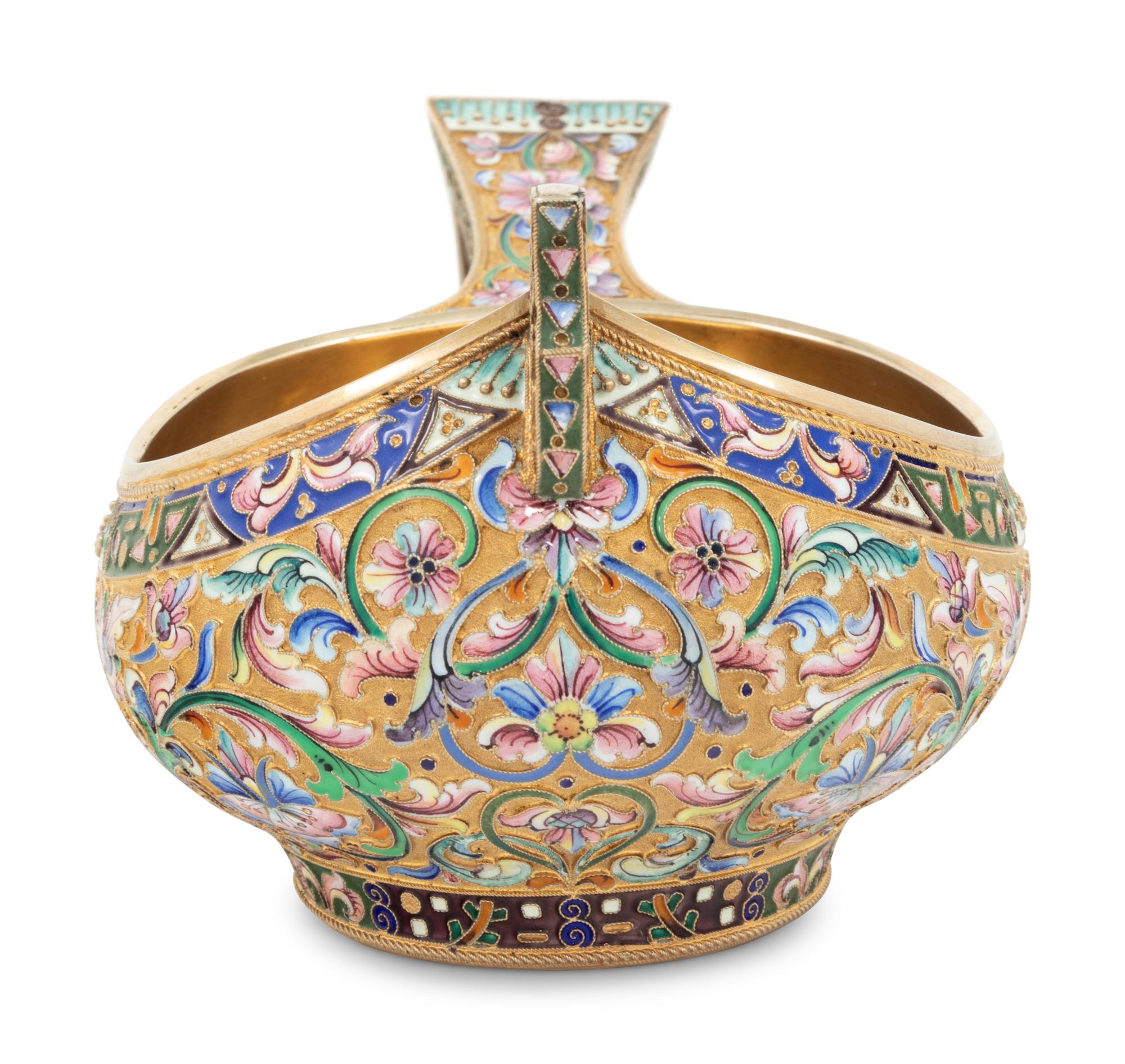 A Large Russian Shaded Enamel Silver-Gilt Kovsh