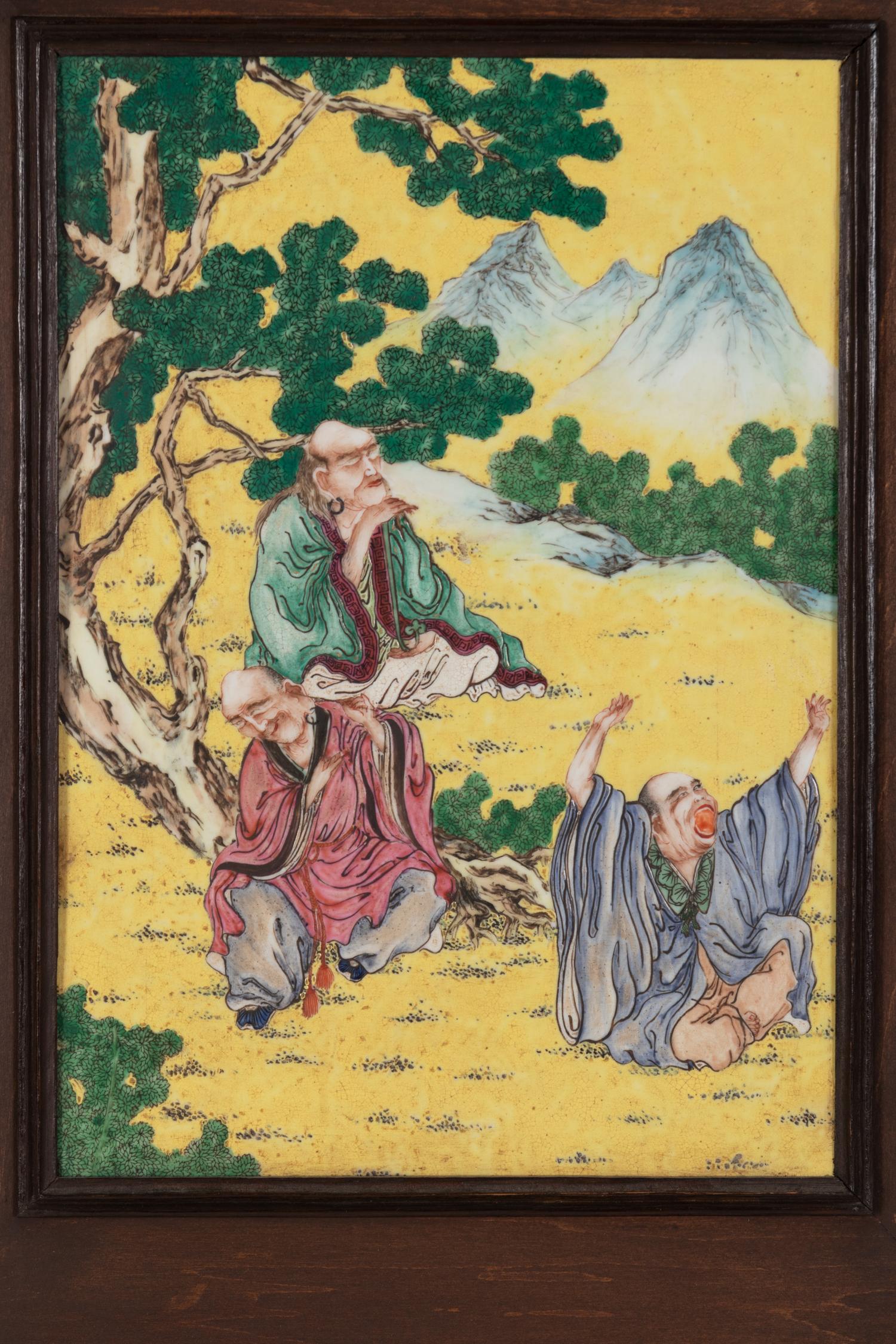 A Pair of Chinese Famille Rose Porcelain Inset Hardwood Wall Panels
