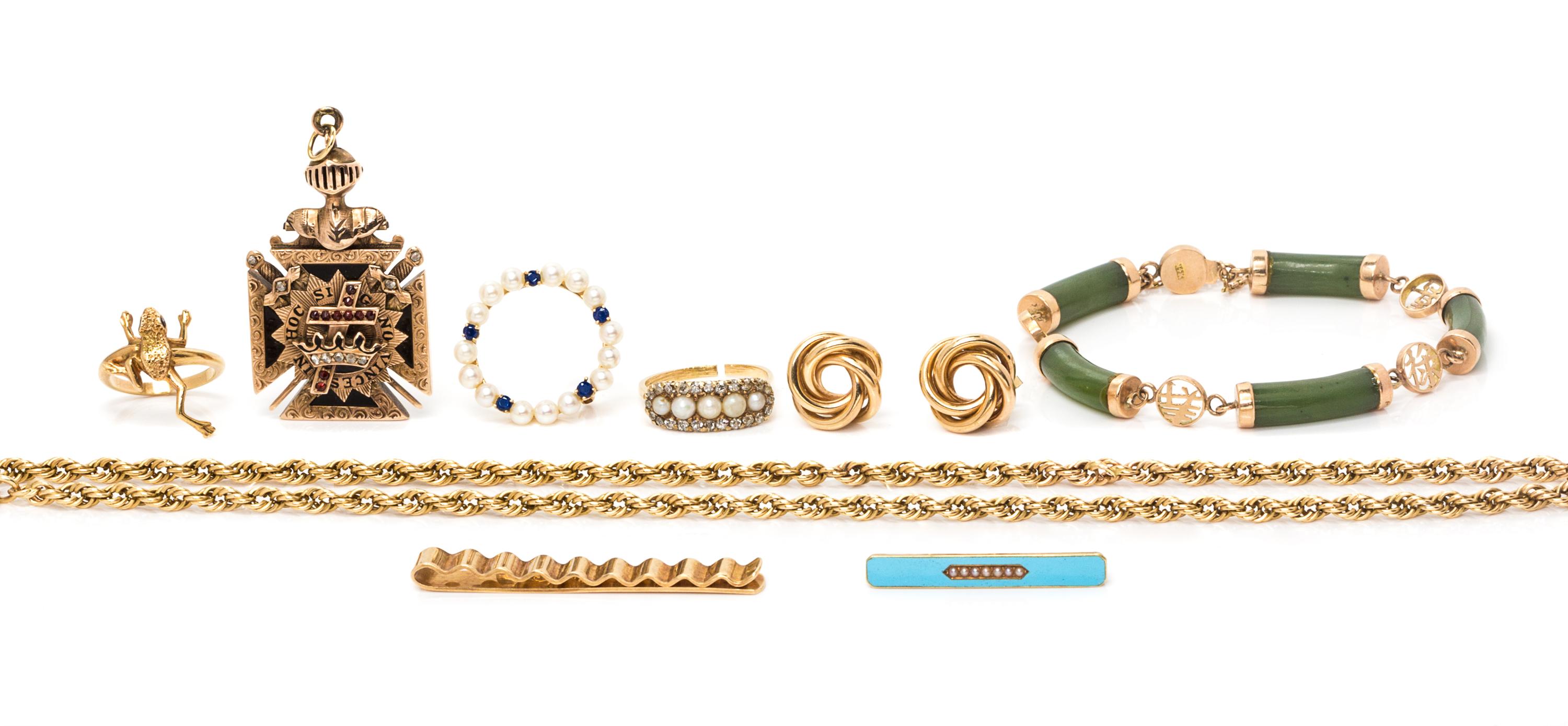 A Collection of Gold Jewelry Items, 43.80 dwts.