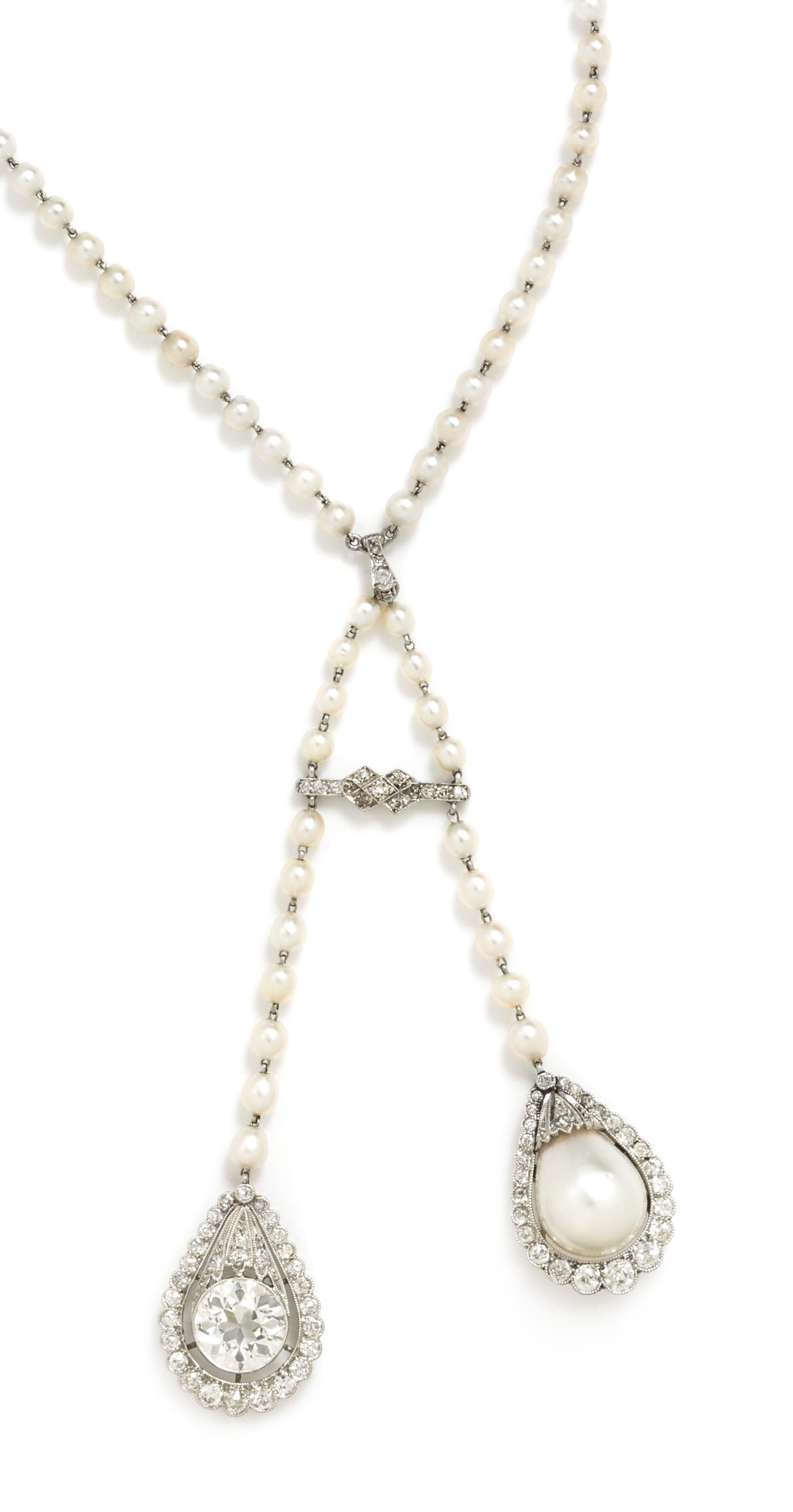 An Antique Platinum, Diamond and Natural Pearl Negligee Necklace, 12.80 dwts.