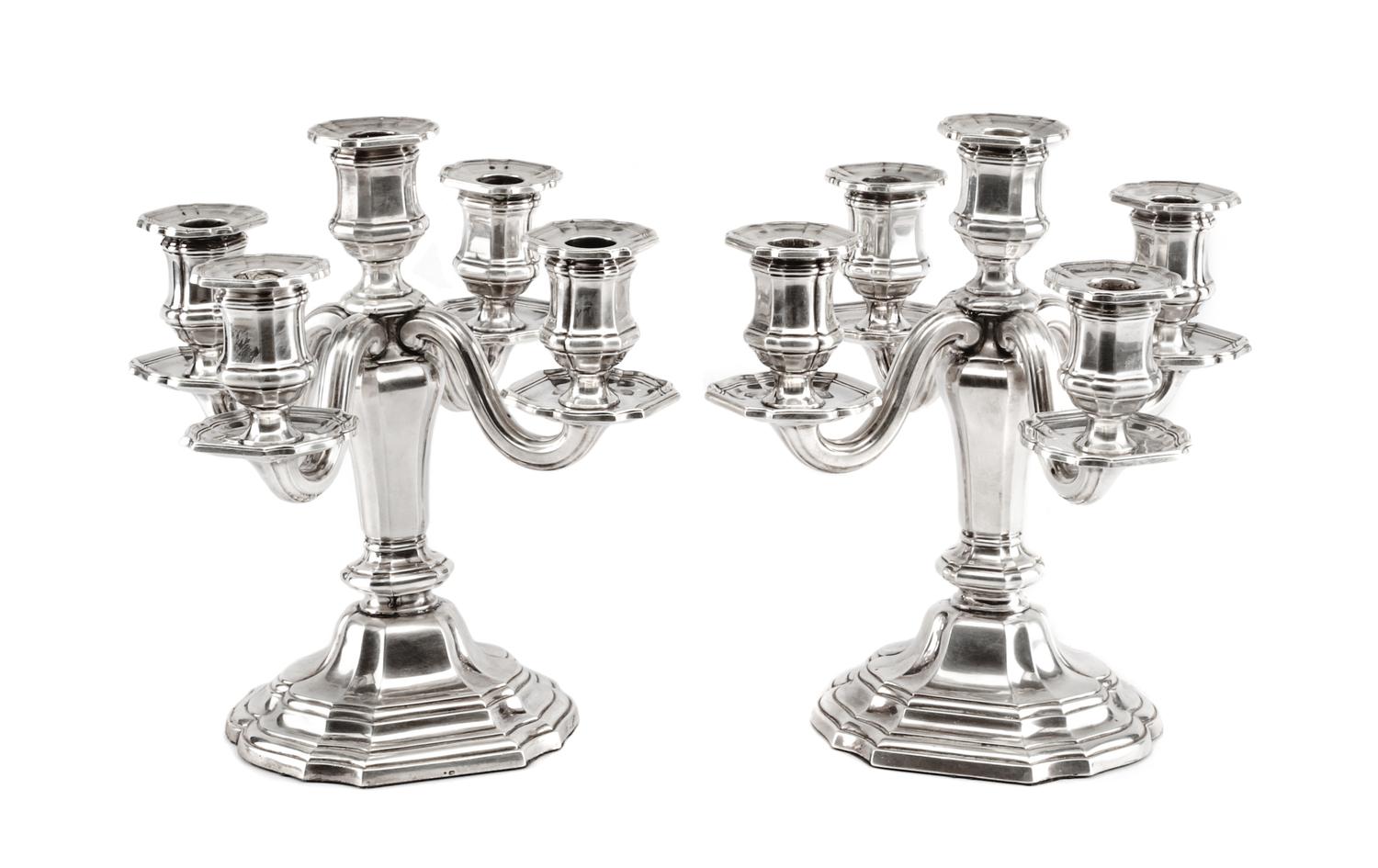 A Pair of French Silver Five-Light Candelabra, Tetard Freres, Paris, Early 20th Century, of paneled baluster form and raised on a stepp