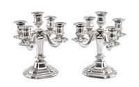 A Pair of French Silver Five-Light Candelabra, Tetard Freres, Paris, Early 20th Century, of paneled baluster form and raised on a stepp