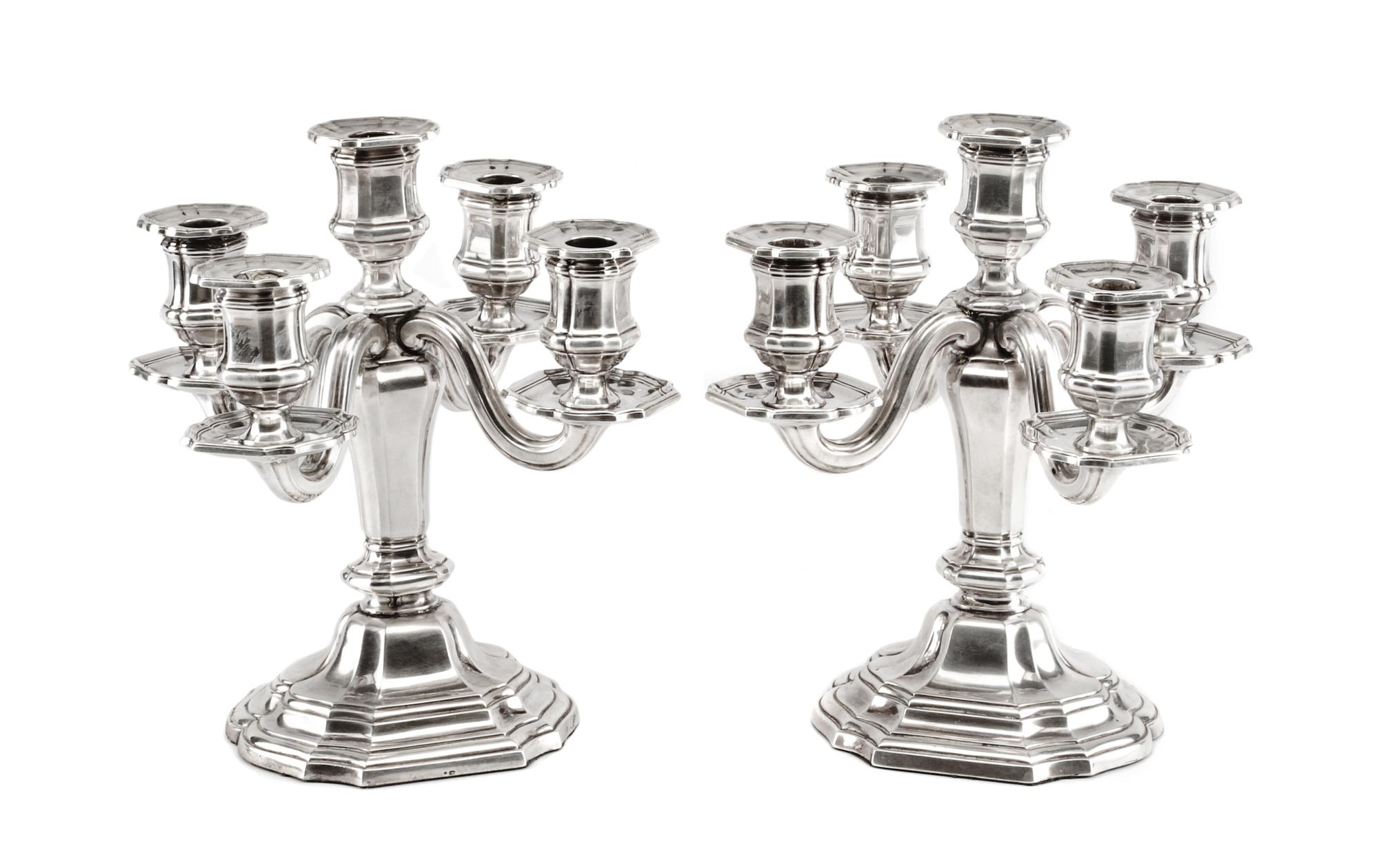 A Pair of French Silver Five-Light Candelabra, Tetard Freres, Paris, Early 20th Century, of paneled baluster form and raised on a stepp