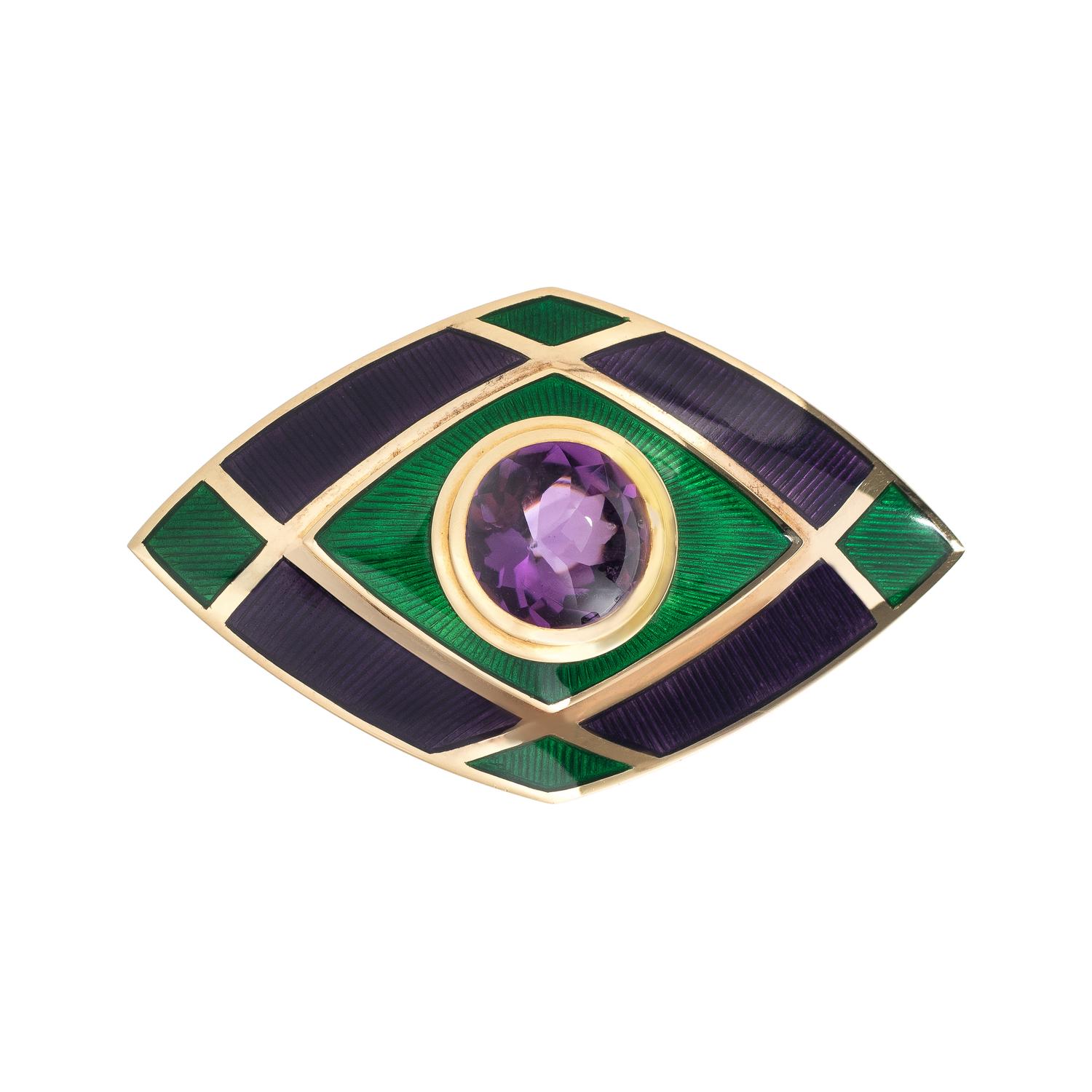 DE VROOMEN, AMETHYST AND ENAMEL BROOCH