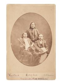 Cabinet card of Red Cloud, Young Spotted Tail, and Charles P. Jordan. Ca 1882.