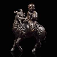 A Chinese Patinated and Parcel-gilt Bronze 'Qilin and Boy' Censer, 17th/18th Century 清早期 銅局部鎏金麒麟童子香薰